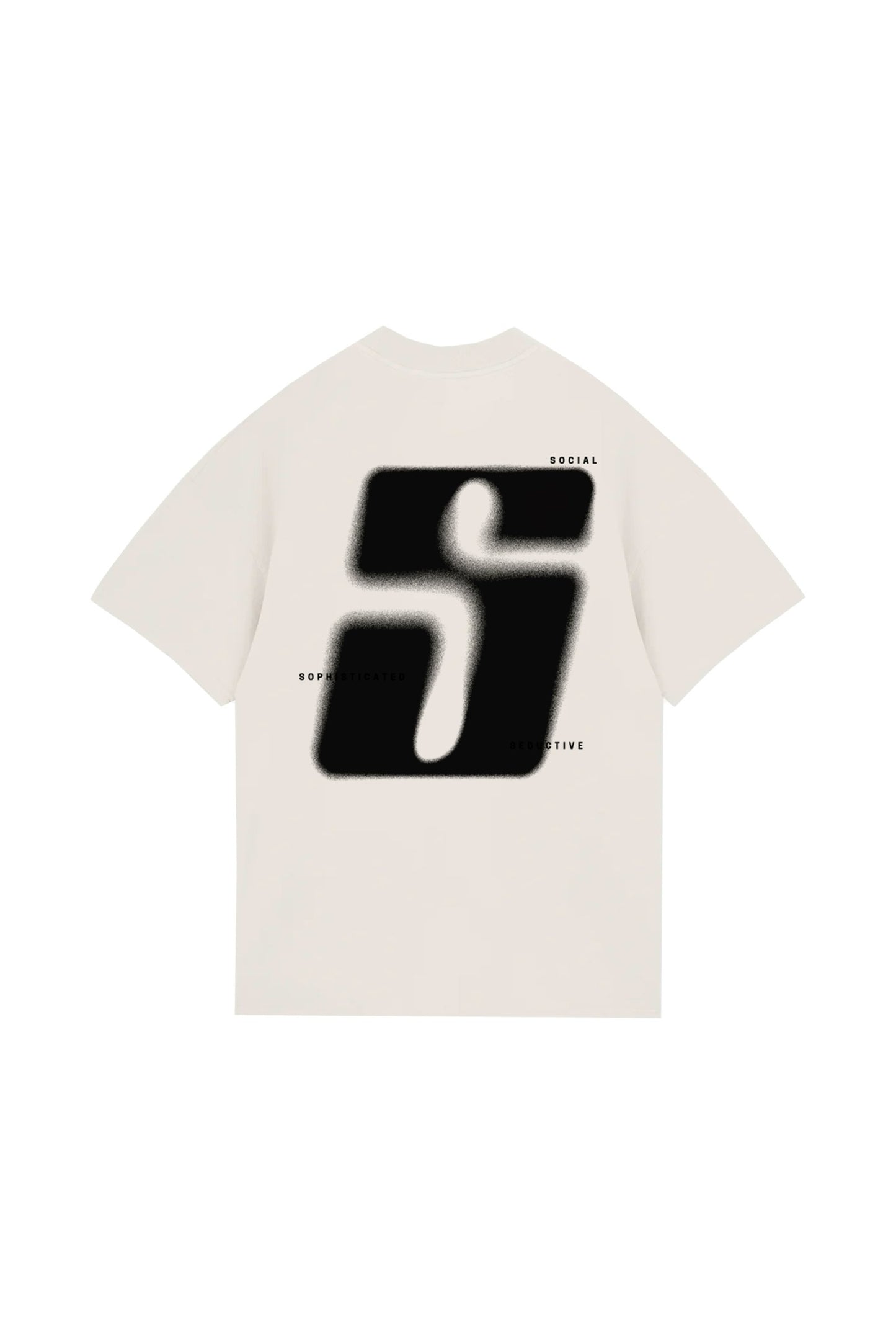 Bright white T-shirt featuring a bold, black, blurred graphic design with the words "Social," "Seducive," and "Sophisticated" stylishly scattered around the graphic, emphasizing modern streetwear fashion.