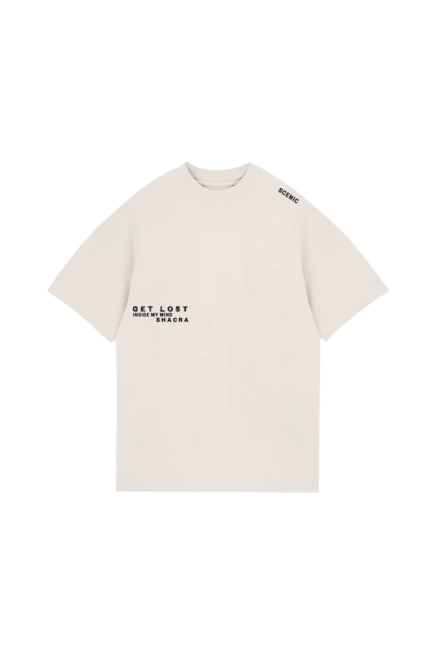 Minimalist white T-shirt featuring black printed text "GET LOST INSIDE MY MIND SHACRA" on the front, with "SCENIC" printed on the shoulder, showcasing modern streetwear style from Shacra.