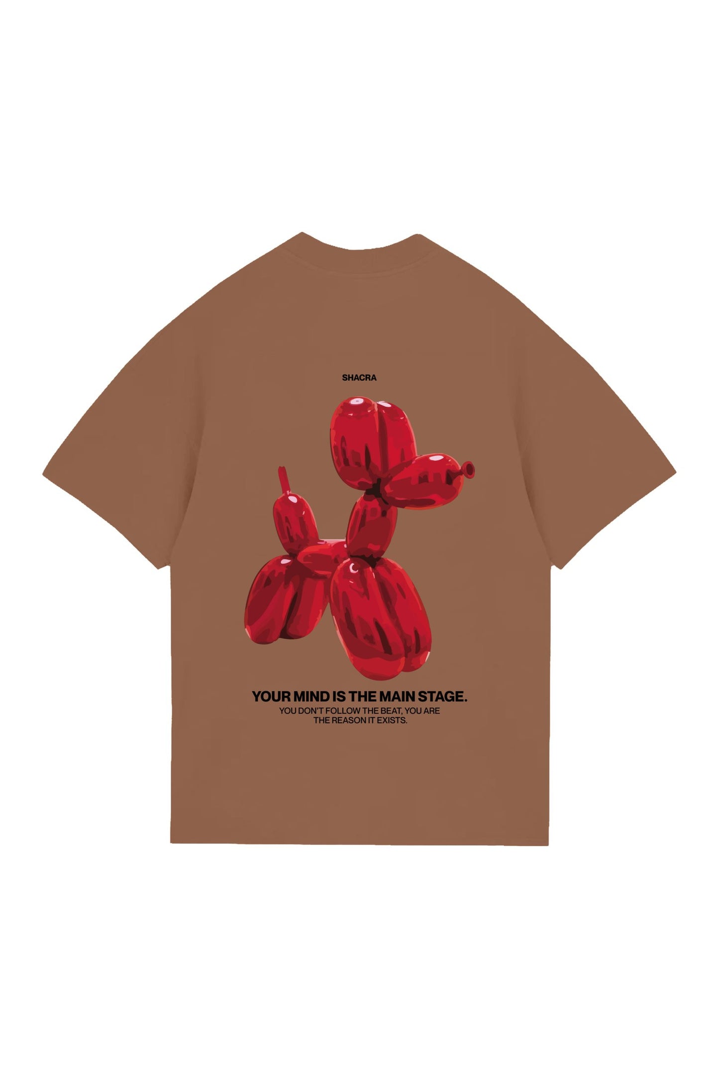 Vibrant red balloon animal t-shirt featuring a balloon dog design on a brown background with inspirational quote for fashion and positivity.