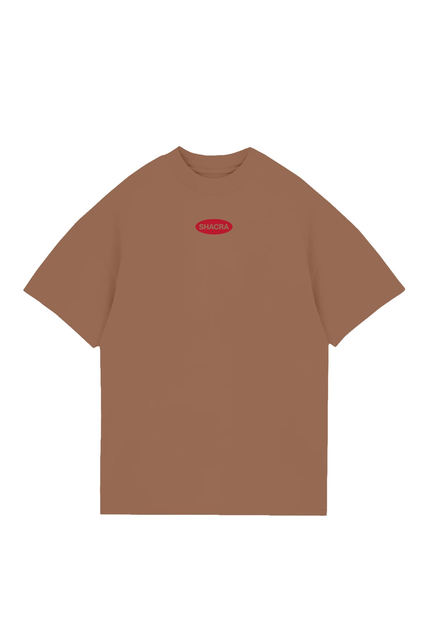 V-neck brown T-shirt featuring a red oval logo with the word "SHACRA" on the front, casual streetwear style, perfect for everyday fashion statements.