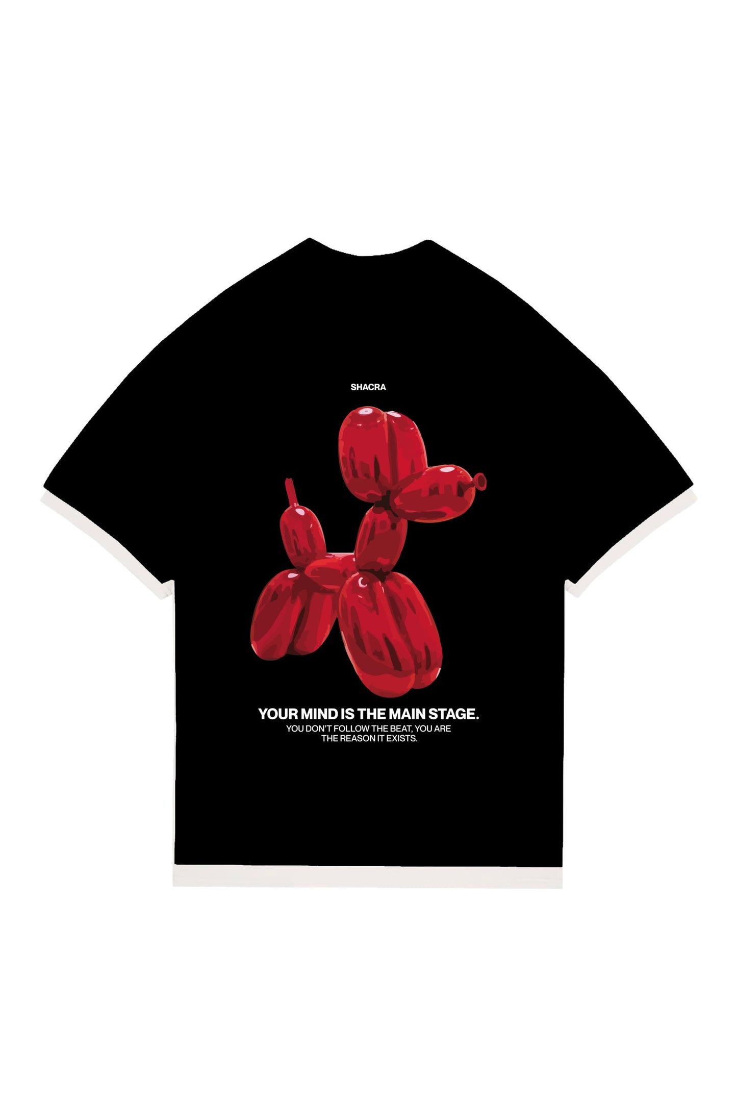 Balloon dog graphic T-shirt with motivational quote in bold black and red design.