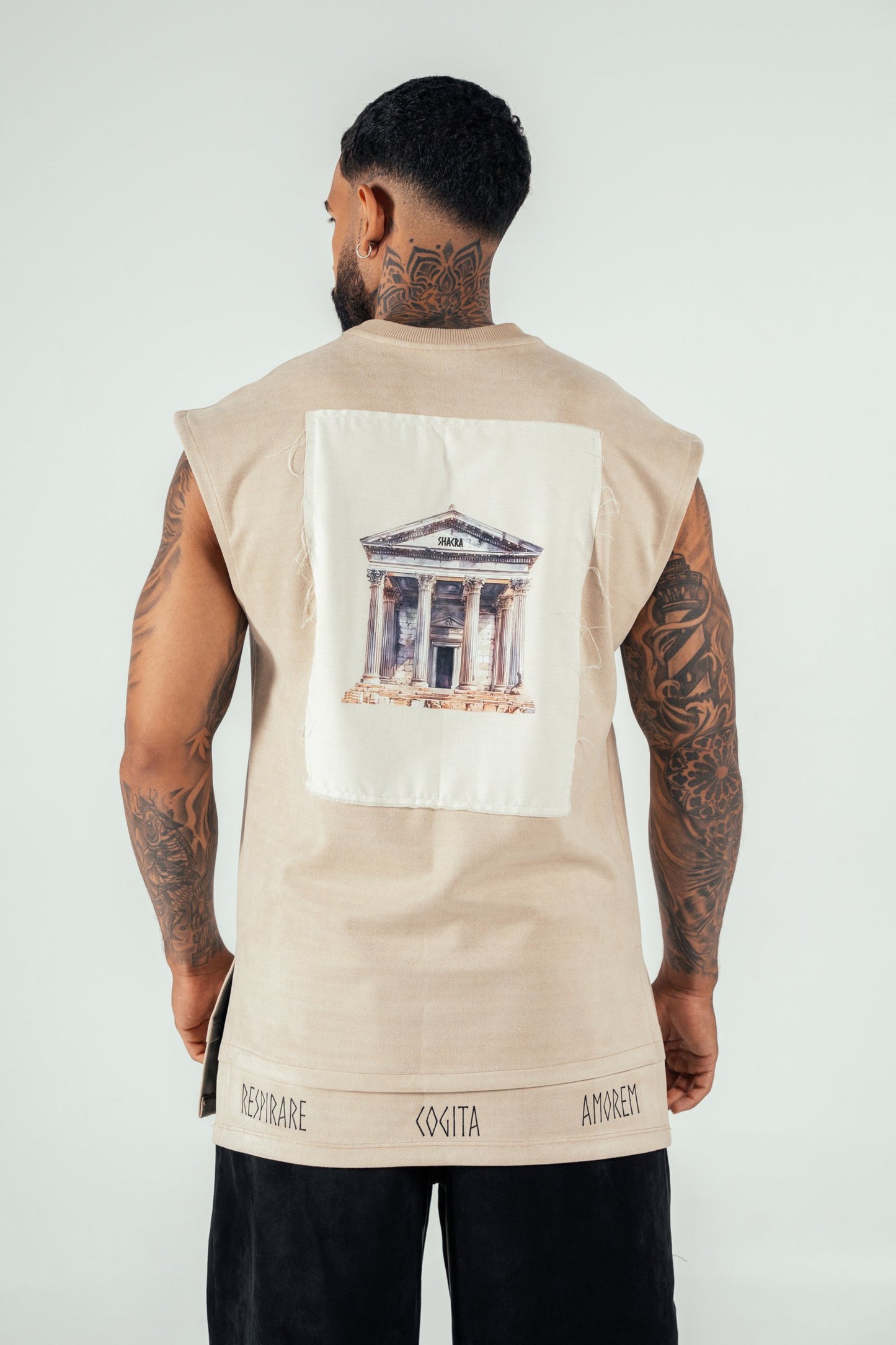 Vintage-inspired sleeveless beige top featuring a printed image of an ancient Greek temple on the back and inspirational Latin words along the hem, combining classical art with modern streetwear.