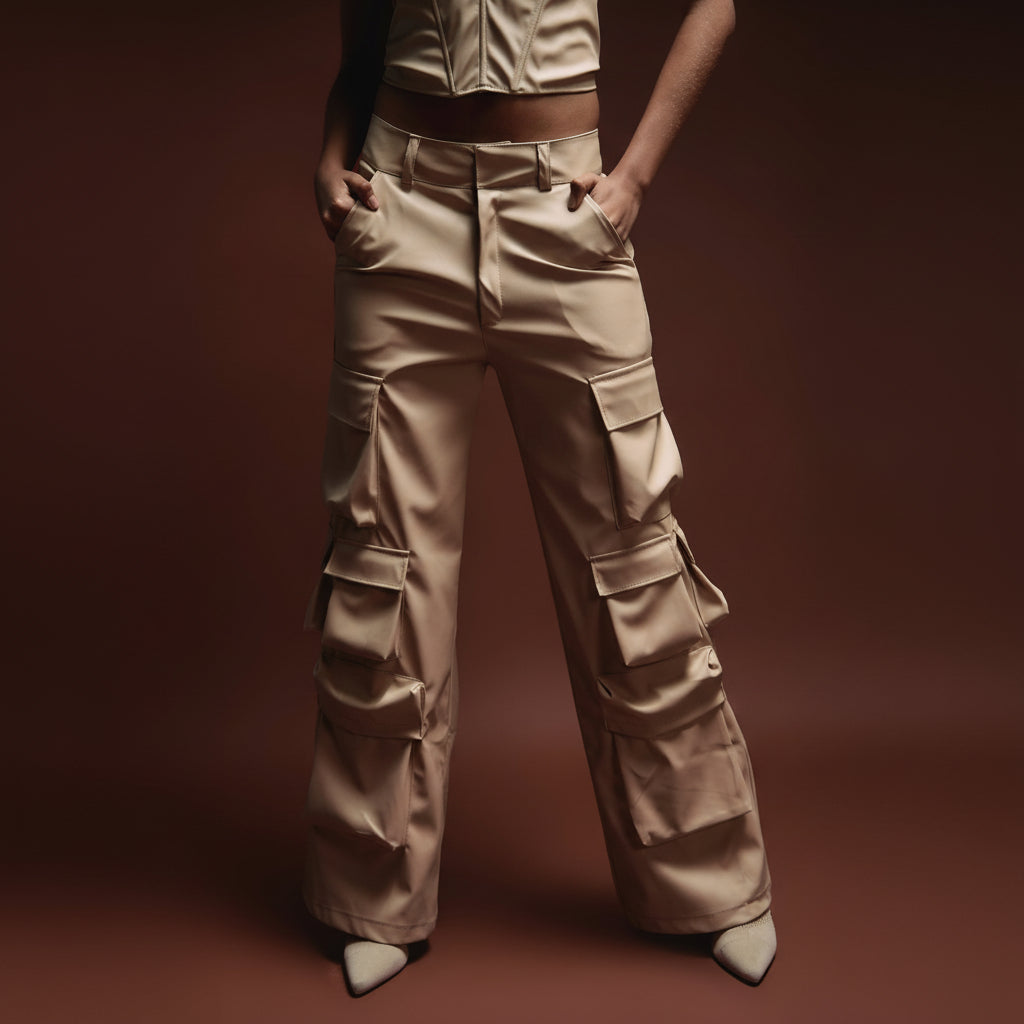 High-waisted beige cargo pants with multiple pockets, styled for a modern fashion look. Perfect for streetwear and casual outfits, showcasing trendy and versatile clothing by Shacra.