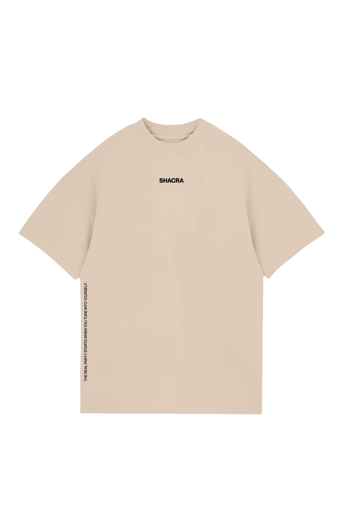 Vegan beige oversized t-shirt with minimal black text logo "SHACRA" on the chest and motivational quote on the side seam, perfect for casual streetwear and sustainable fashion.