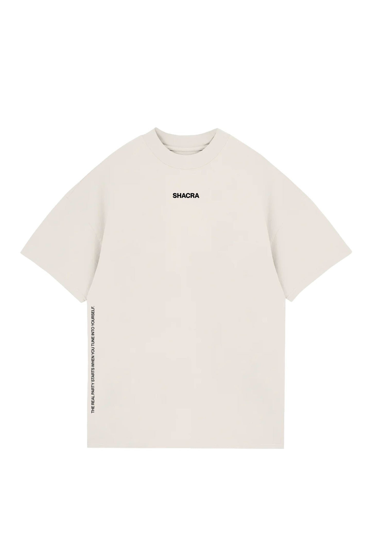 Minimalist white T-shirt with "SHACRA" logo in black and inspirational quote on the side, perfect for casual fashion and streetwear.