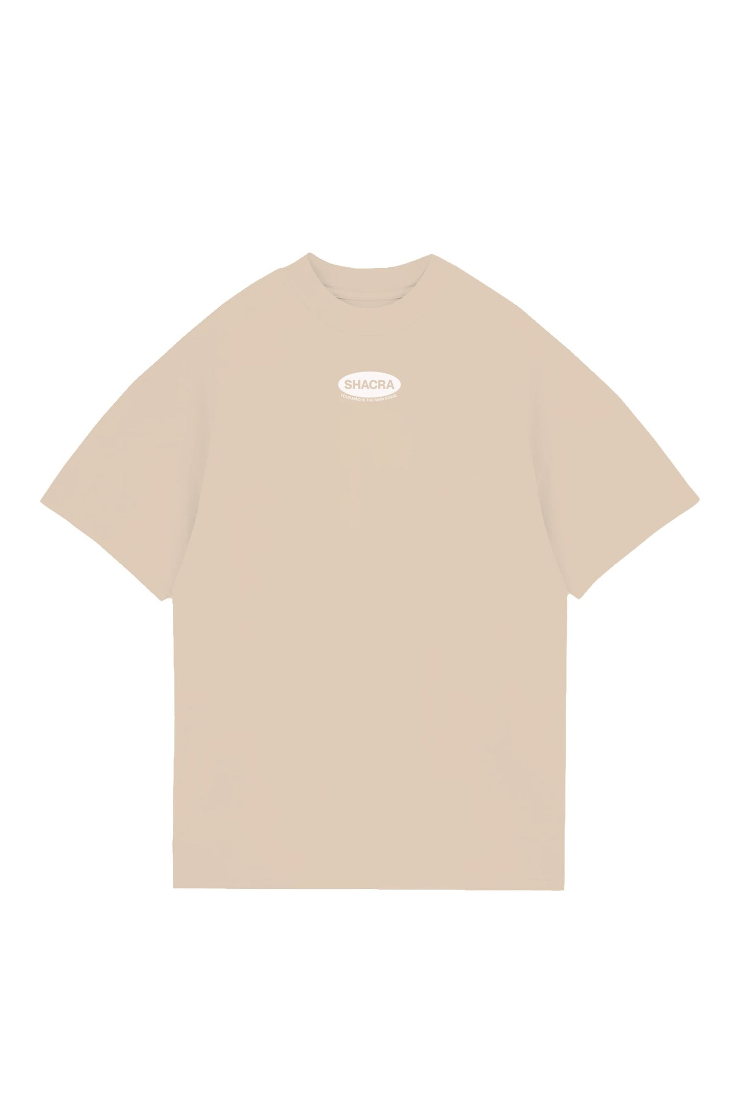 Oversized beige T-shirt with "SHACRA" logo on the chest, perfect for casual streetwear and comfortable fashion.