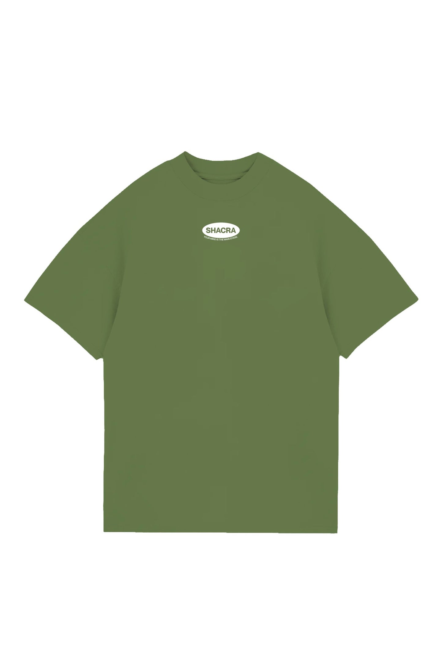 Vintage green oversized T-shirt with "SHACRA" logo and inspiring slogan, perfect for streetwear and casual fashion enthusiasts.