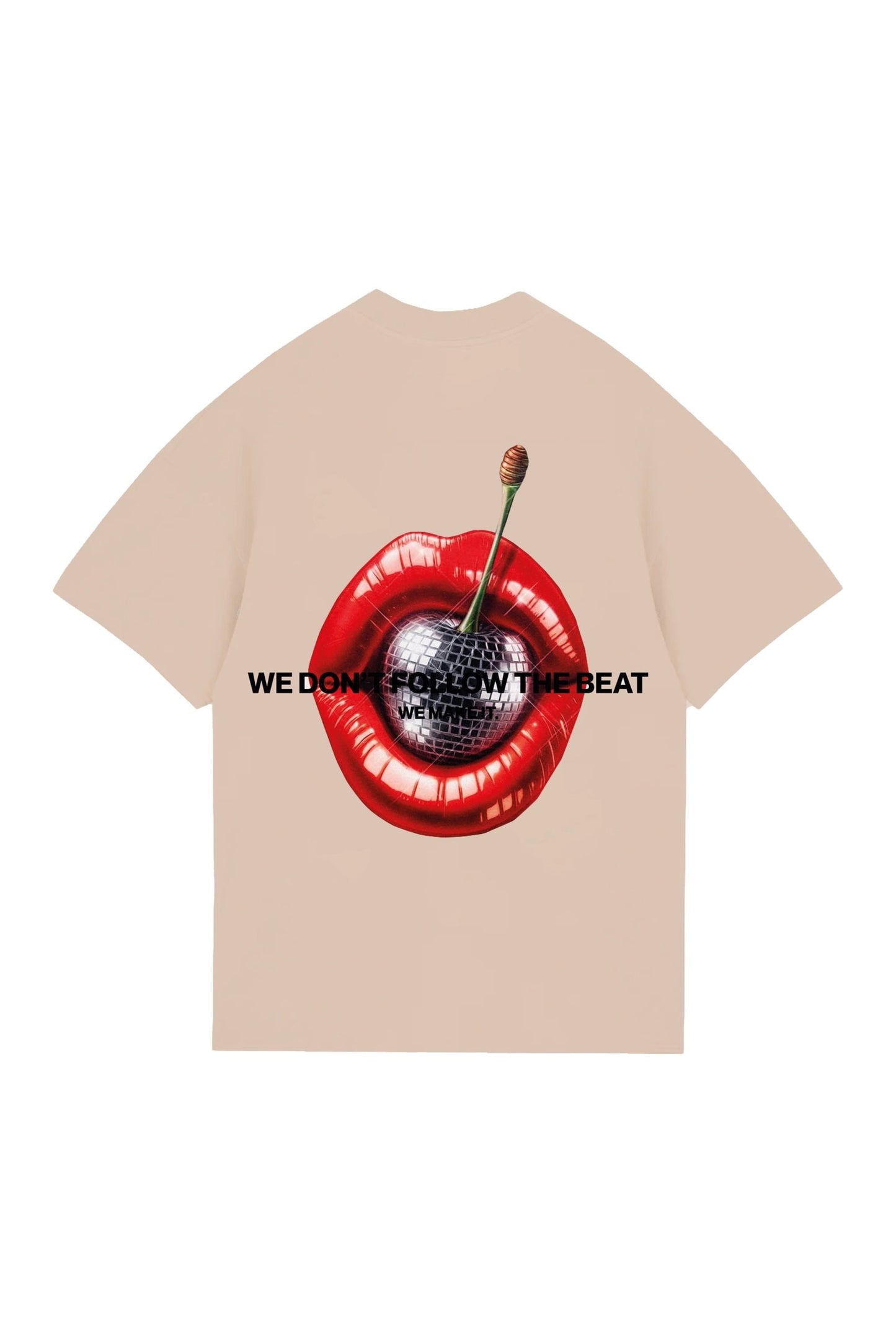 Vivid graphic t-shirt featuring a red lips design with a cherry and disco ball, with the phrase "We don't follow the beat, we make it," ideal for bold fashion statements.