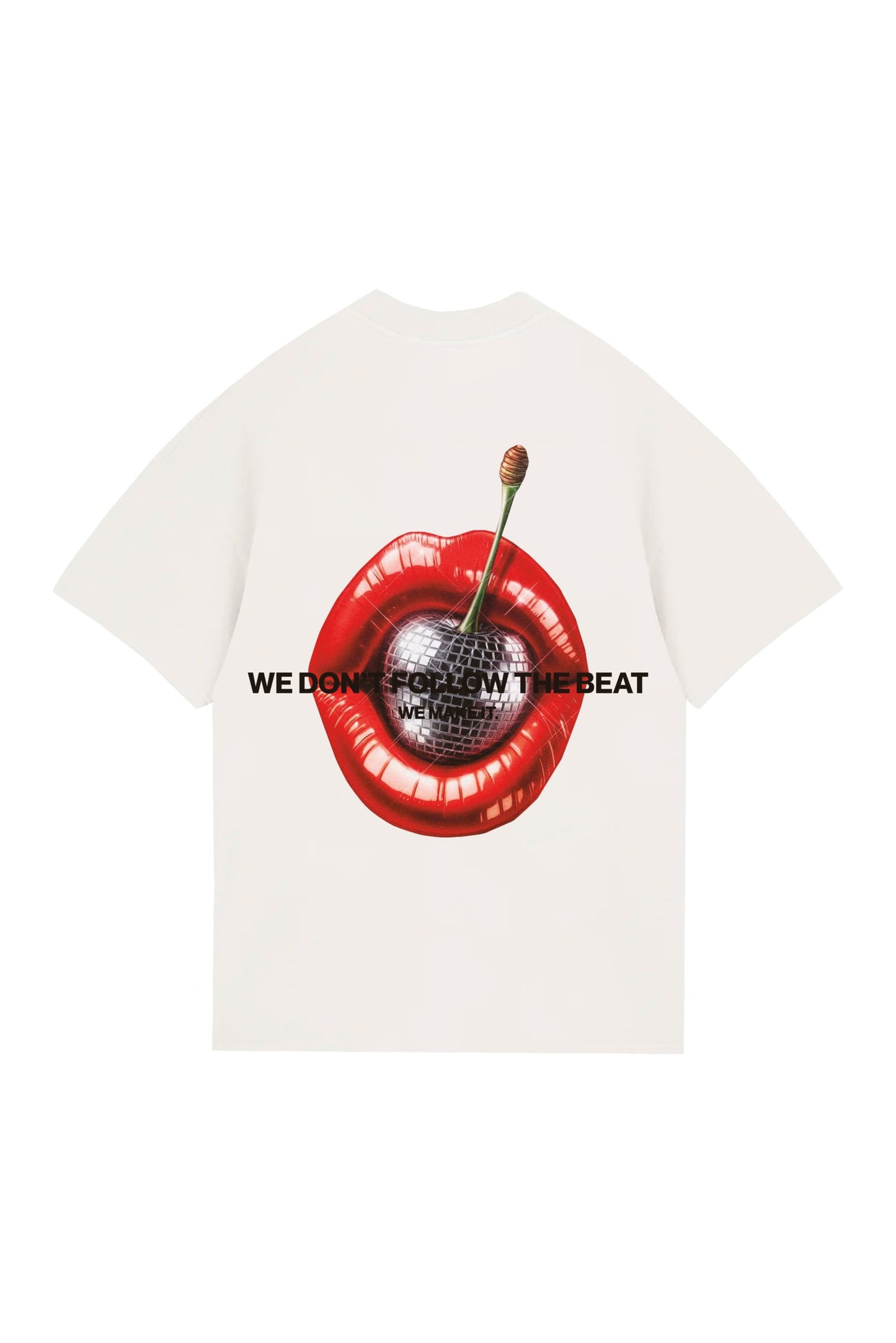 Bright white T-shirt featuring bold graphic design of glossy red lips with a cherry and disco ball center, accompanied by the phrase "WE DON'T FOLLOW THE BEAT" for a trendy, edgy look.
