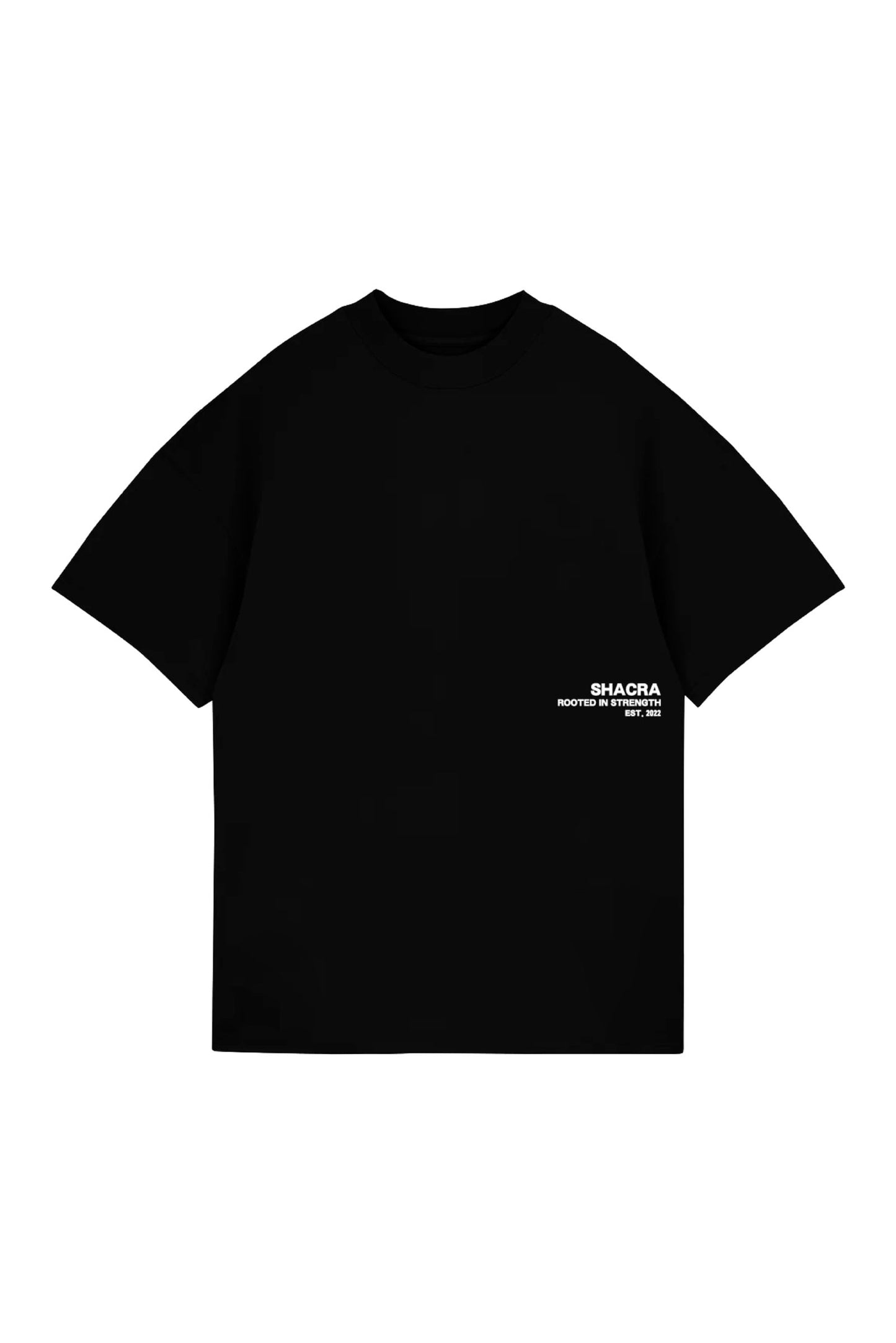 Black T-shirt with "SHACRA rooted in strength EST. 2022" printed in white on the lower right side, representing modern streetwear fashion and urban style.