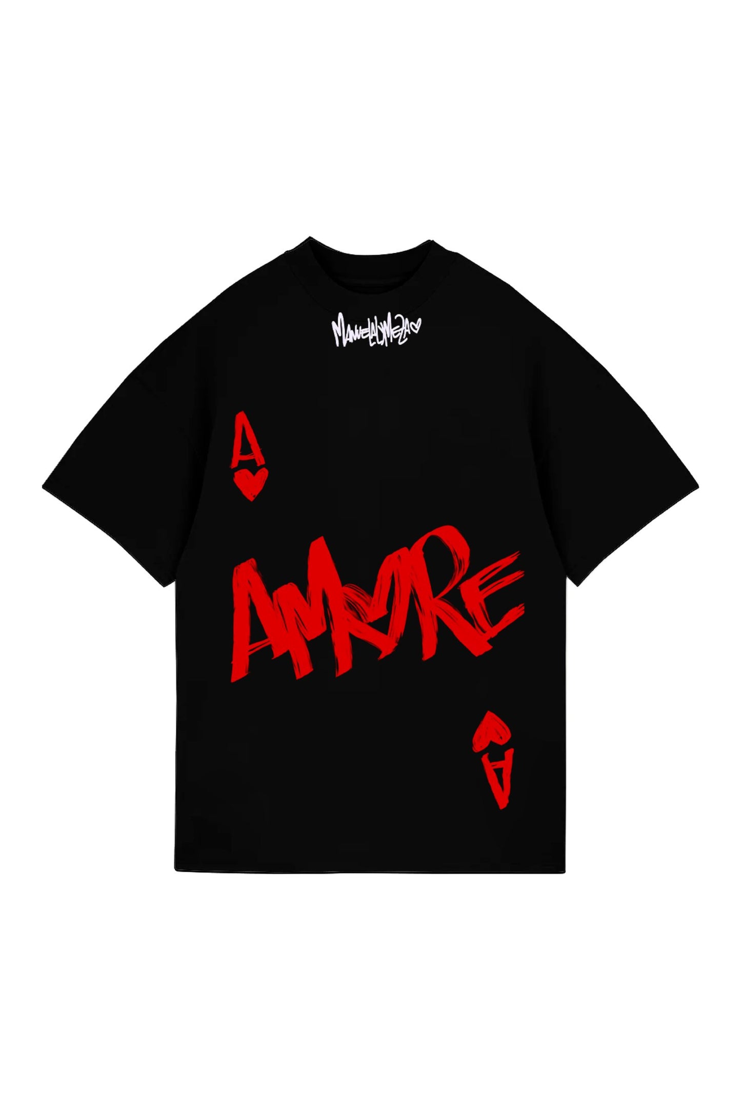 Bold black t-shirt featuring red graffiti-style "A MARE" text and heart-shaped ace symbols, perfect for fashion-forward individuals seeking edgy and unique streetwear.