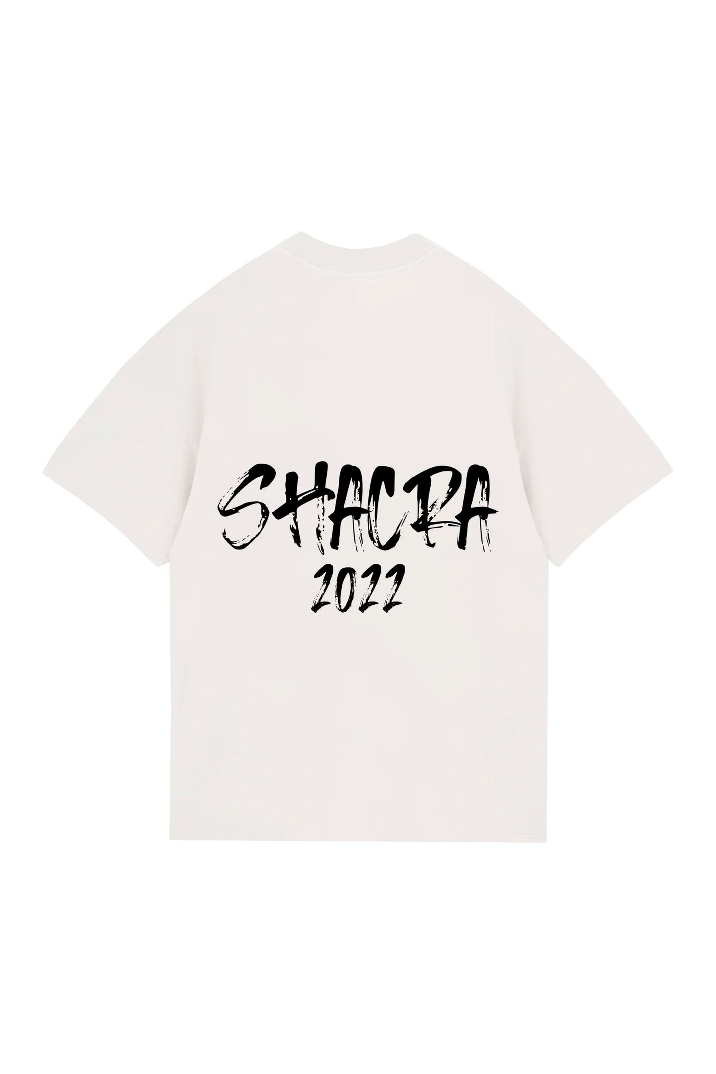 Black distressed text reading "SHACRA 2022" on a white T-shirt, showcasing custom graphic apparel design, stylish and trendy for modern fashion enthusiasts.