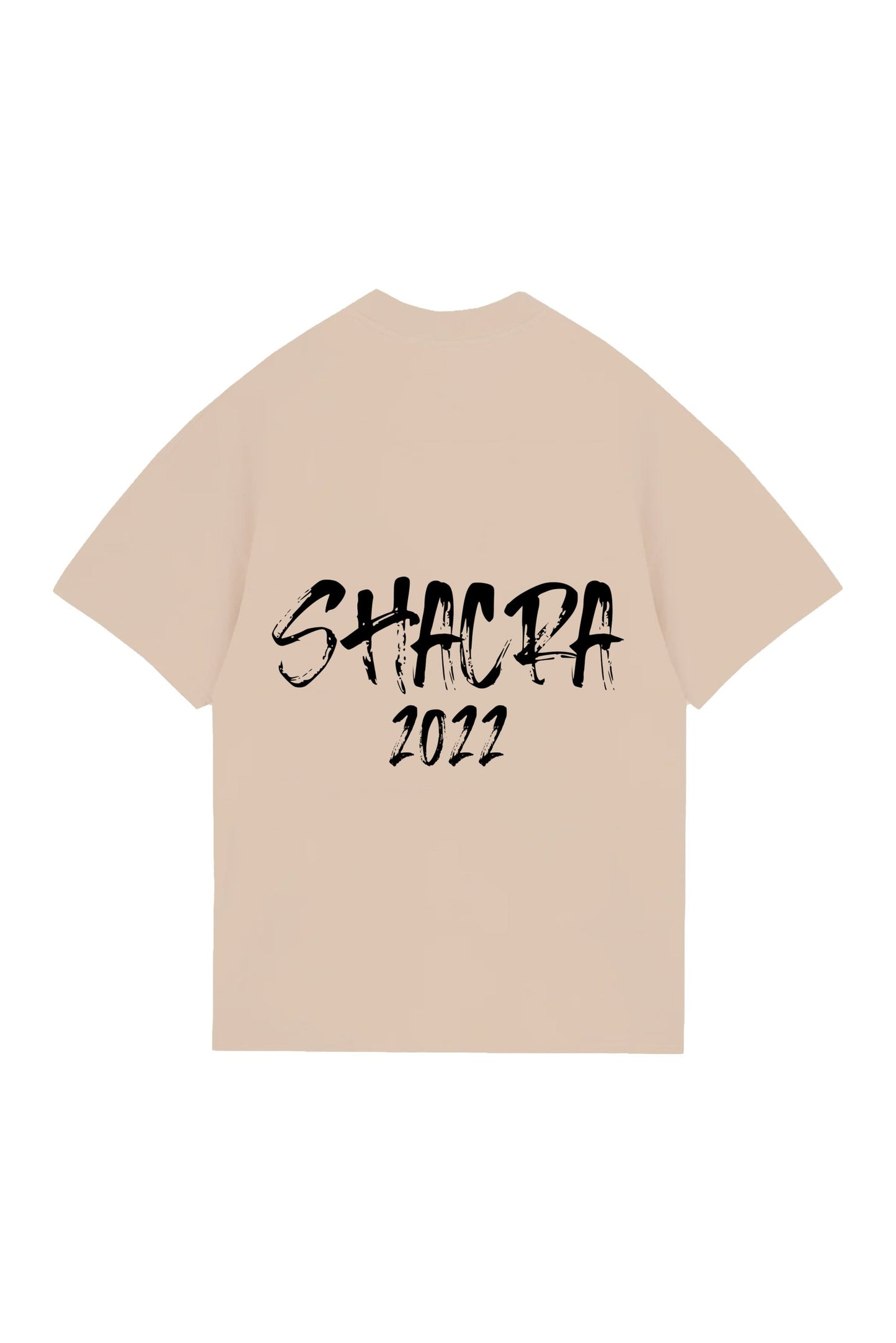 Black distressed text saying "SHACRA 2022" printed on a beige t-shirt.