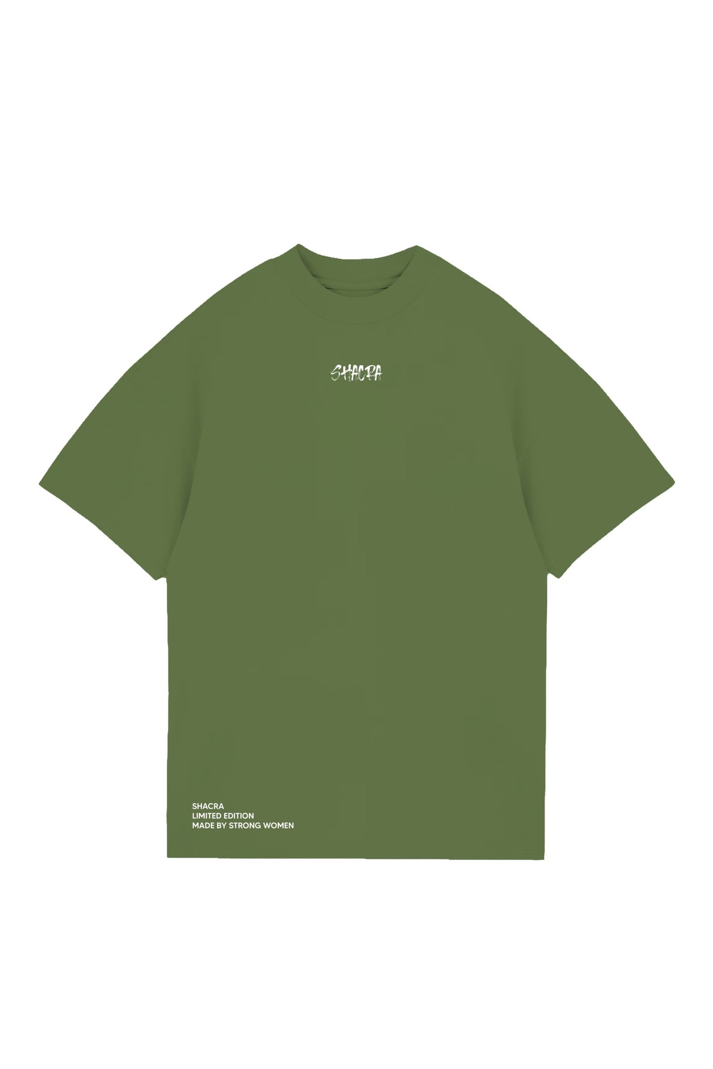 Bright green limited edition women's T-shirt featuring the "Shacra" logo and empowering text, designed by strong women for bold fashion statements and sustainability. Perfect for casual and streetwear styles.