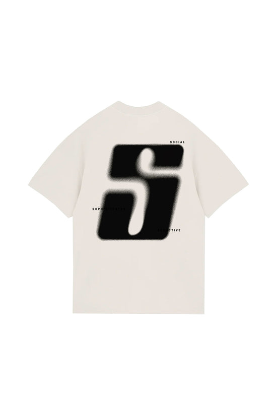 Bright white T-shirt featuring a bold, black, blurred graphic design with the words "Social," "Seducive," and "Sophisticated" stylishly scattered around the graphic, emphasizing modern streetwear fashion.