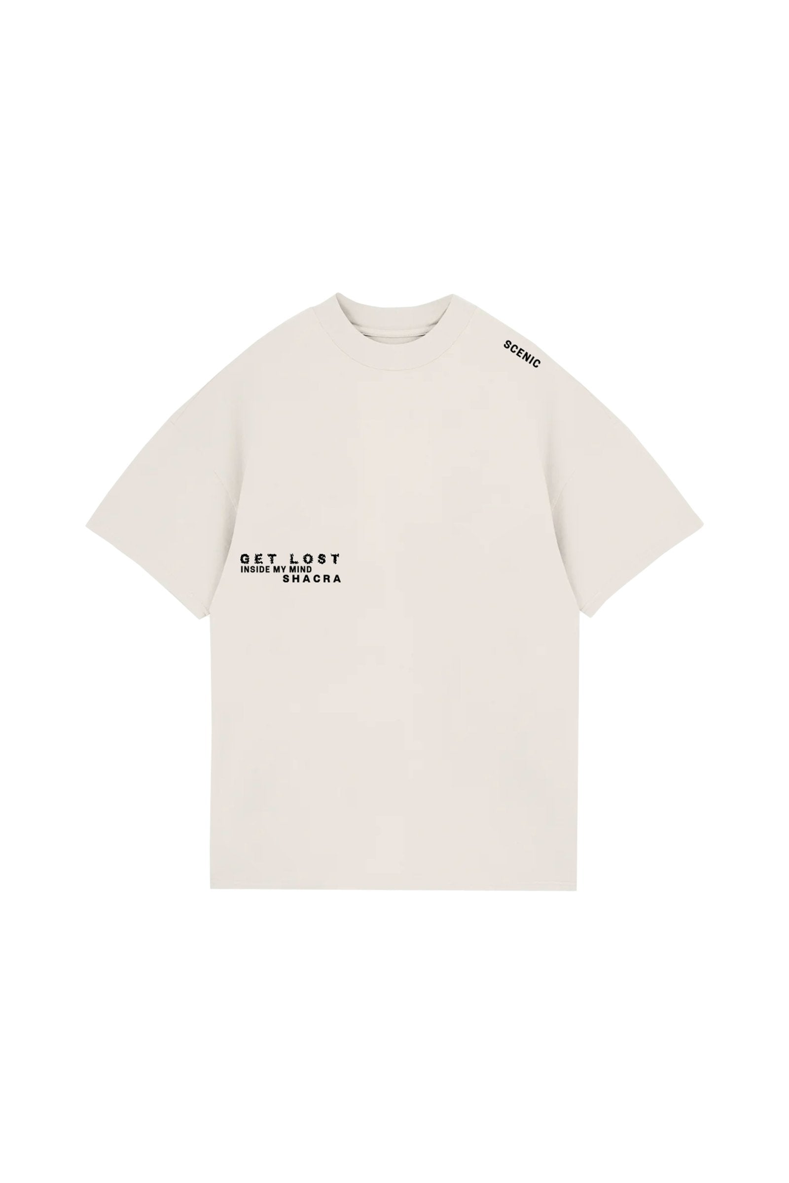 Minimalist white T-shirt featuring black printed text "GET LOST INSIDE MY MIND SHACRA" on the front, with "SCENIC" printed on the shoulder, showcasing modern streetwear style from Shacra.