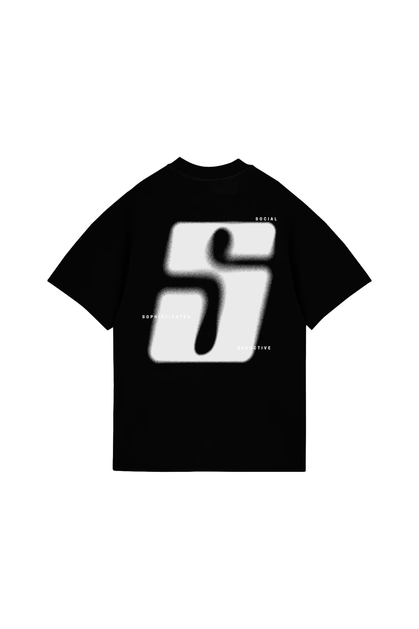 Bold black T-shirt featuring abstract white blurred number 5 design, with small text labels "SOCIAL," "SOPHISTICATED," and "SEDUCTIVE," representing modern, edgy fashion by Shacra.