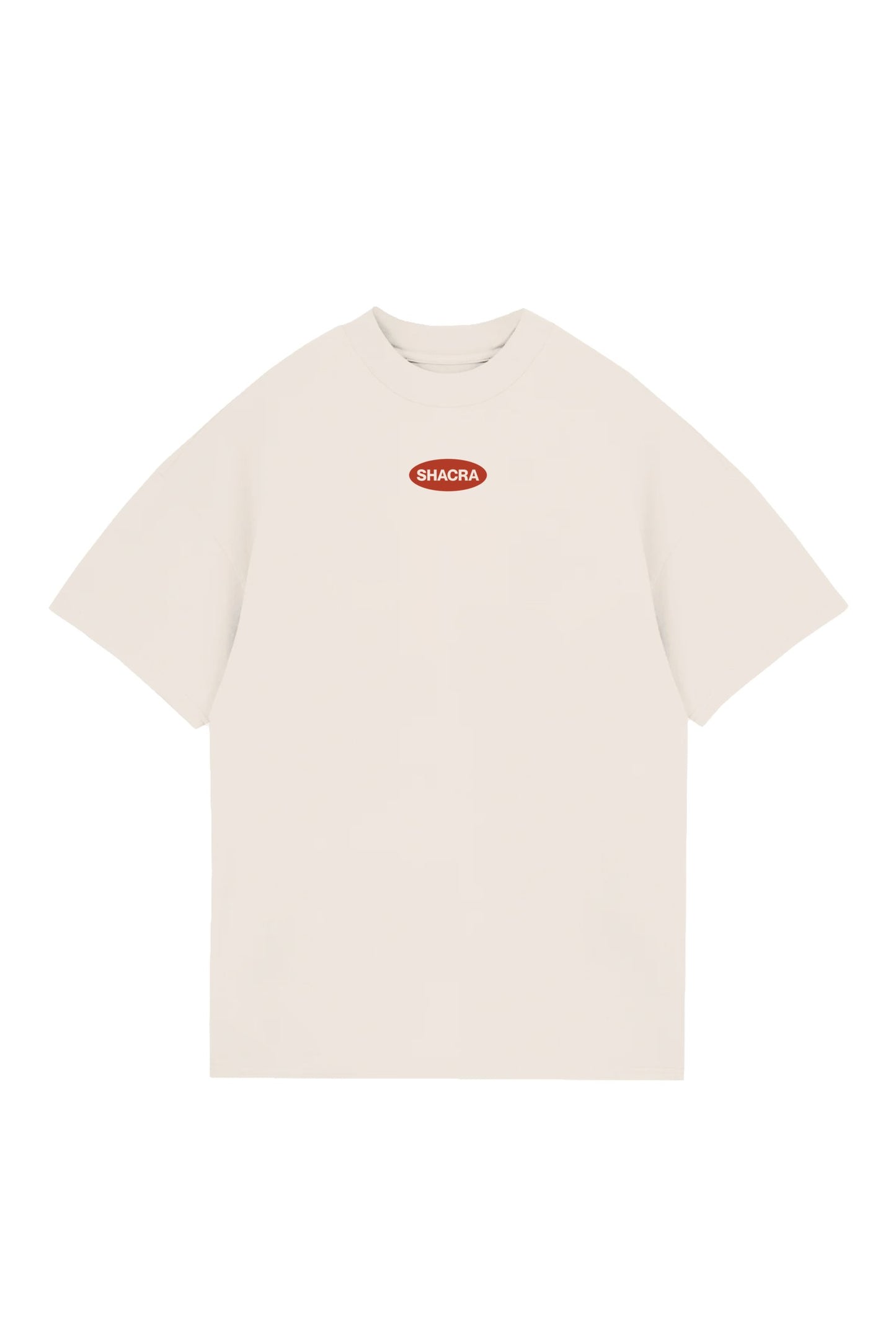 Vintage white T-shirt with red "SHACRA" logo, casual streetwear, minimalist design, unisex fit, perfect for everyday styling.