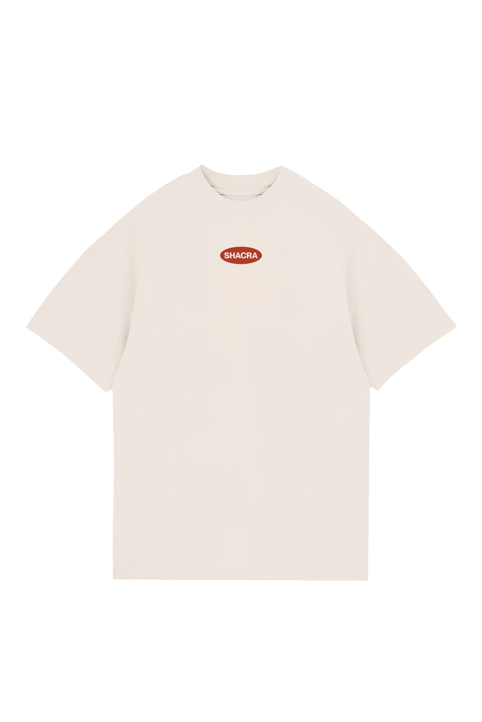 Vintage white T-shirt with red "SHACRA" logo, casual streetwear, minimalist design, unisex fit, perfect for everyday styling.