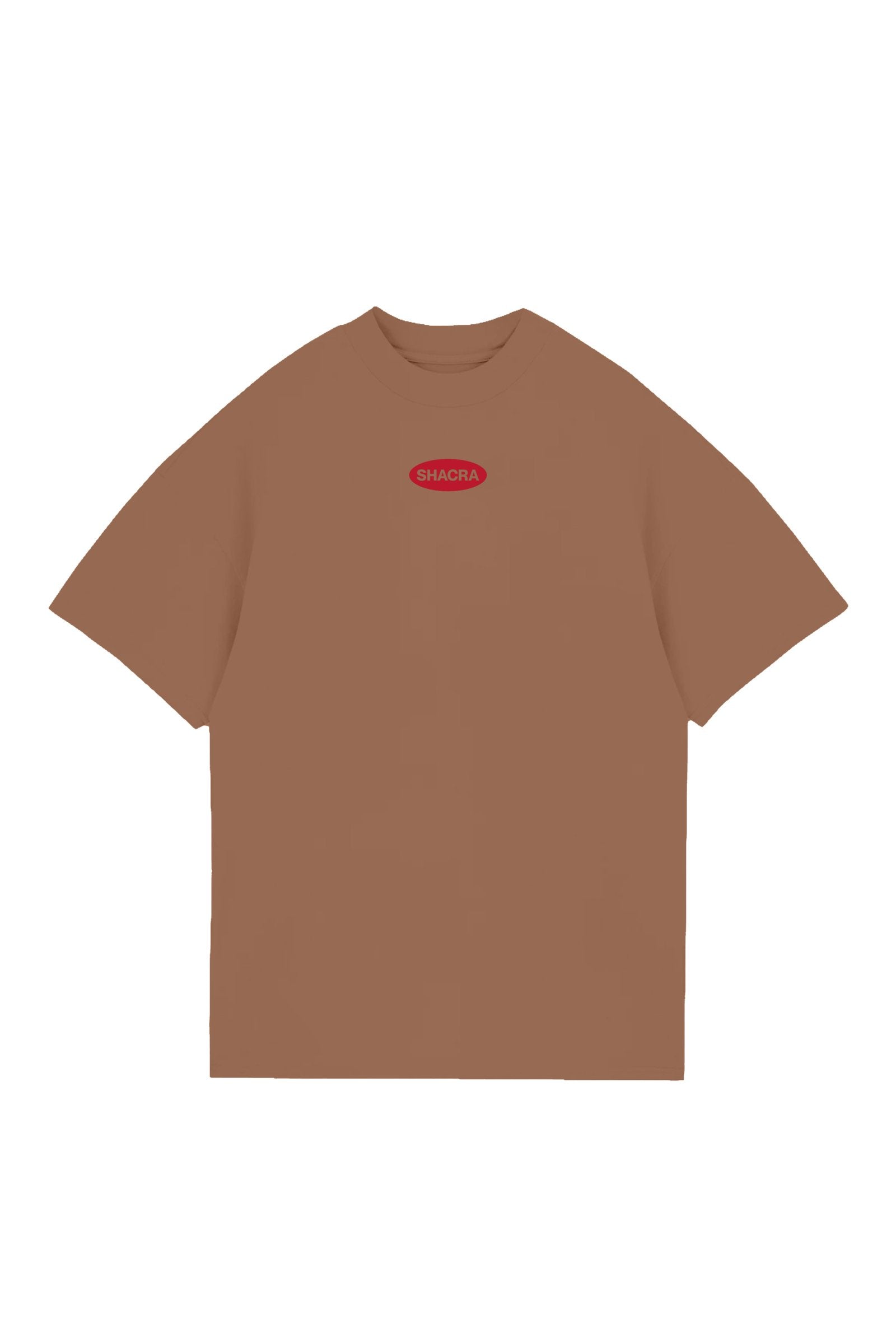 V-neck brown T-shirt featuring a red oval logo with the word "SHACRA" on the front, casual streetwear style, perfect for everyday fashion statements.