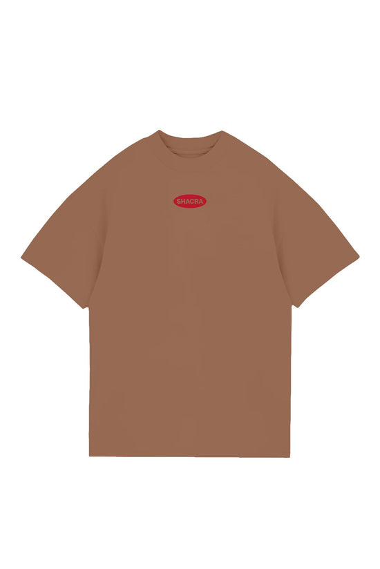 V-neck brown T-shirt featuring a red oval logo with the word "SHACRA" on the front, casual streetwear style, perfect for everyday fashion statements.