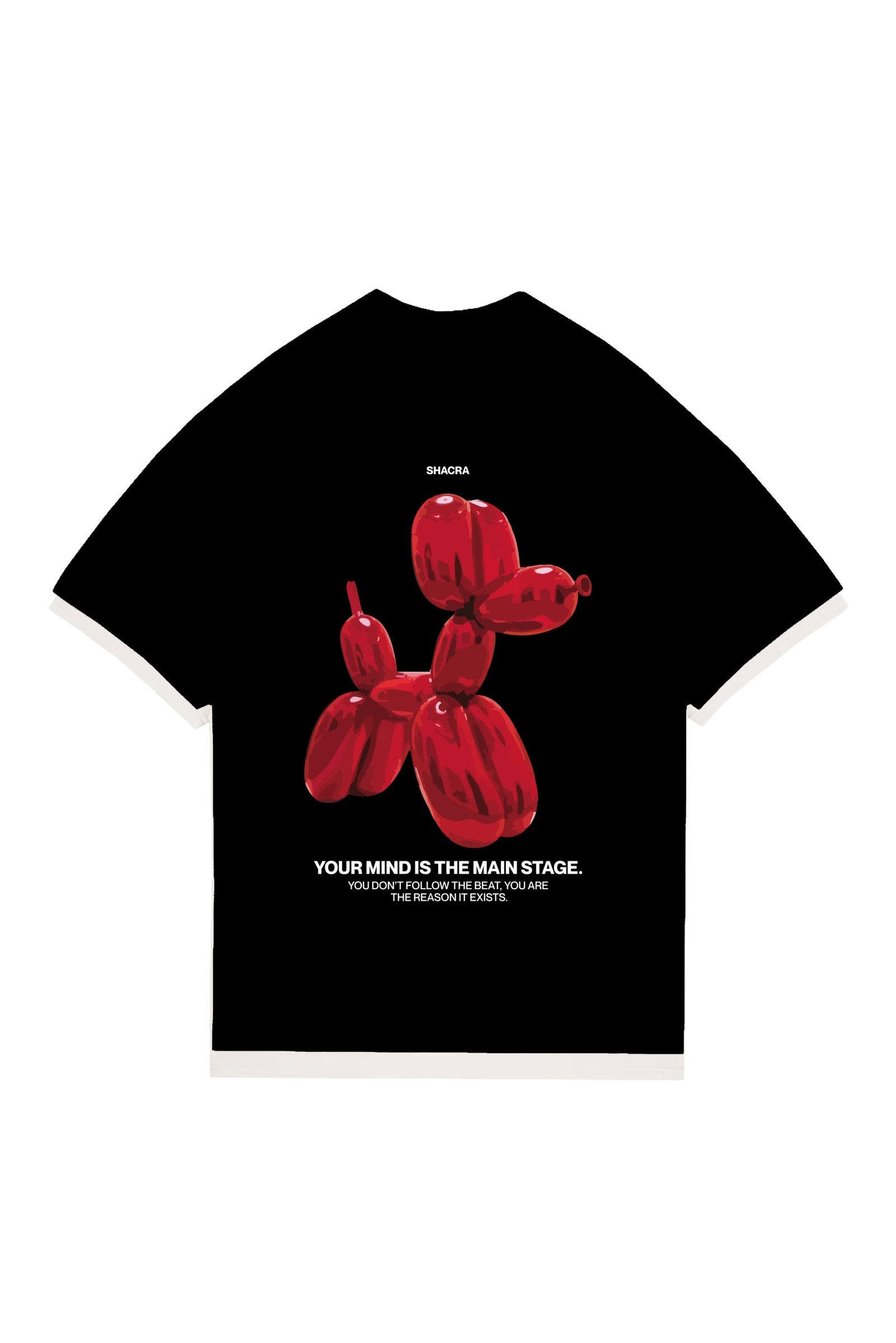 Balloon dog graphic T-shirt with motivational quote in bold black and red design.