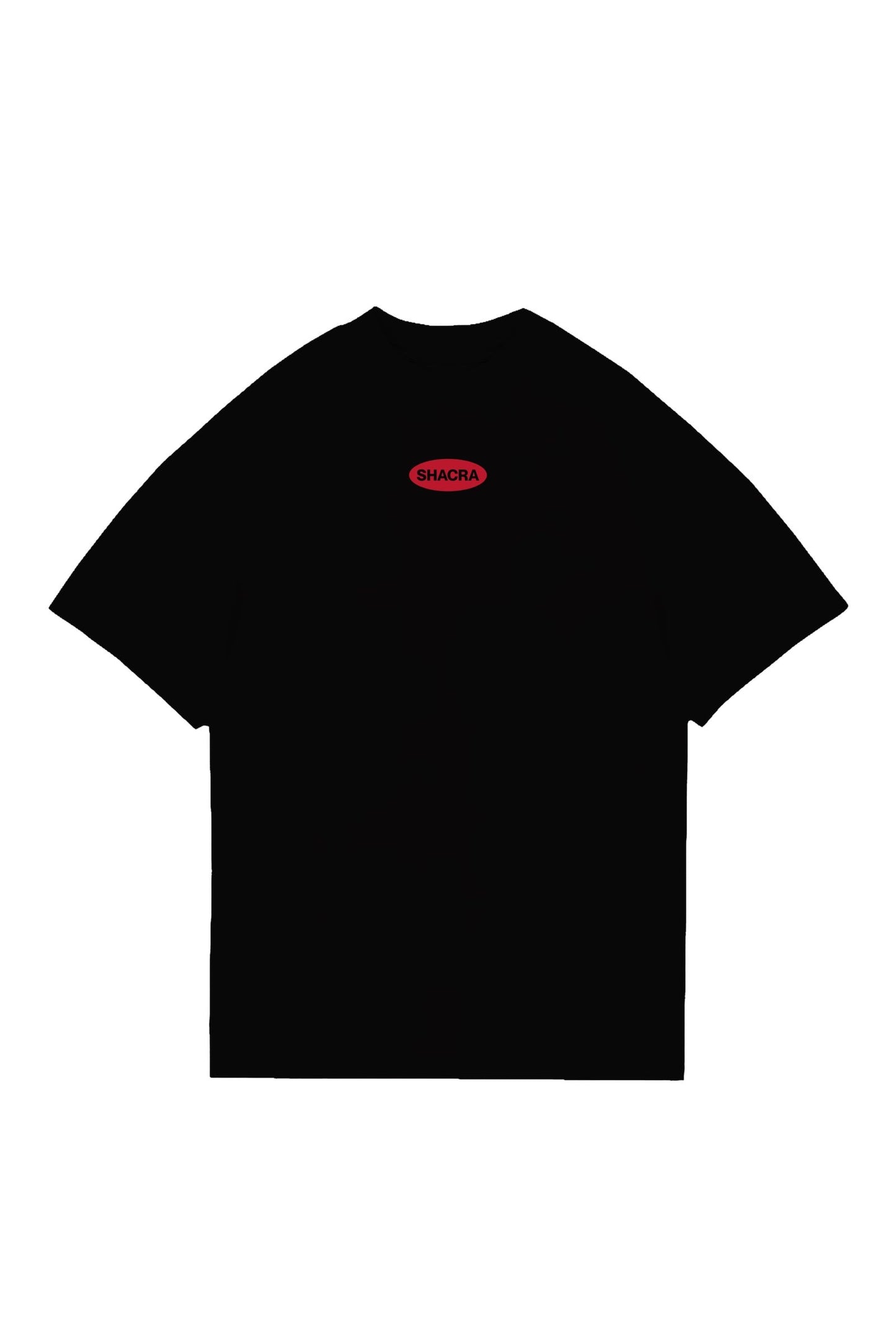 Black T-shirt with red "SHACRA" logo, modern streetwear fashion piece, versatile casual clothing for men and women, perfect for everyday wear and style statement.