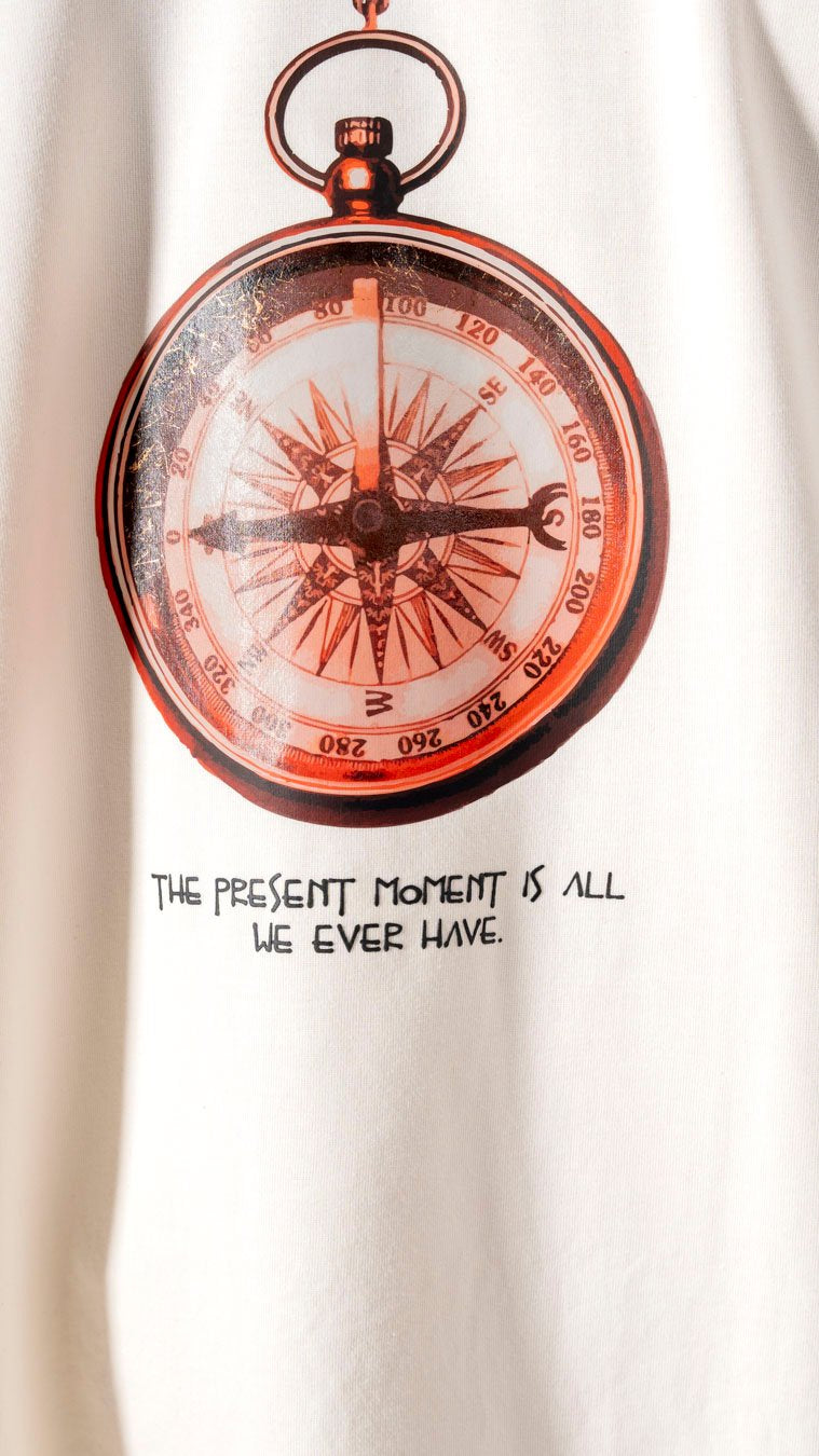 Timepiece with a motivational quote, featuring a vintage pocket watch design, emphasizing mindfulness and living in the present moment.