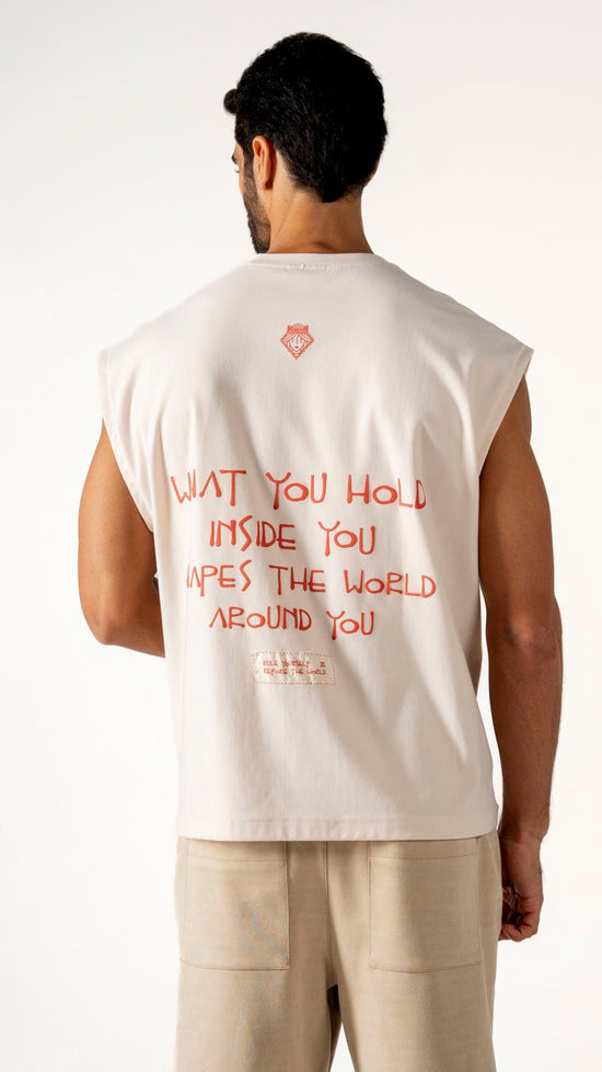 Unique sleeveless white t-shirt with motivational quote and embroidered message on back, ideal for casual wear, fashion, and self-expression.