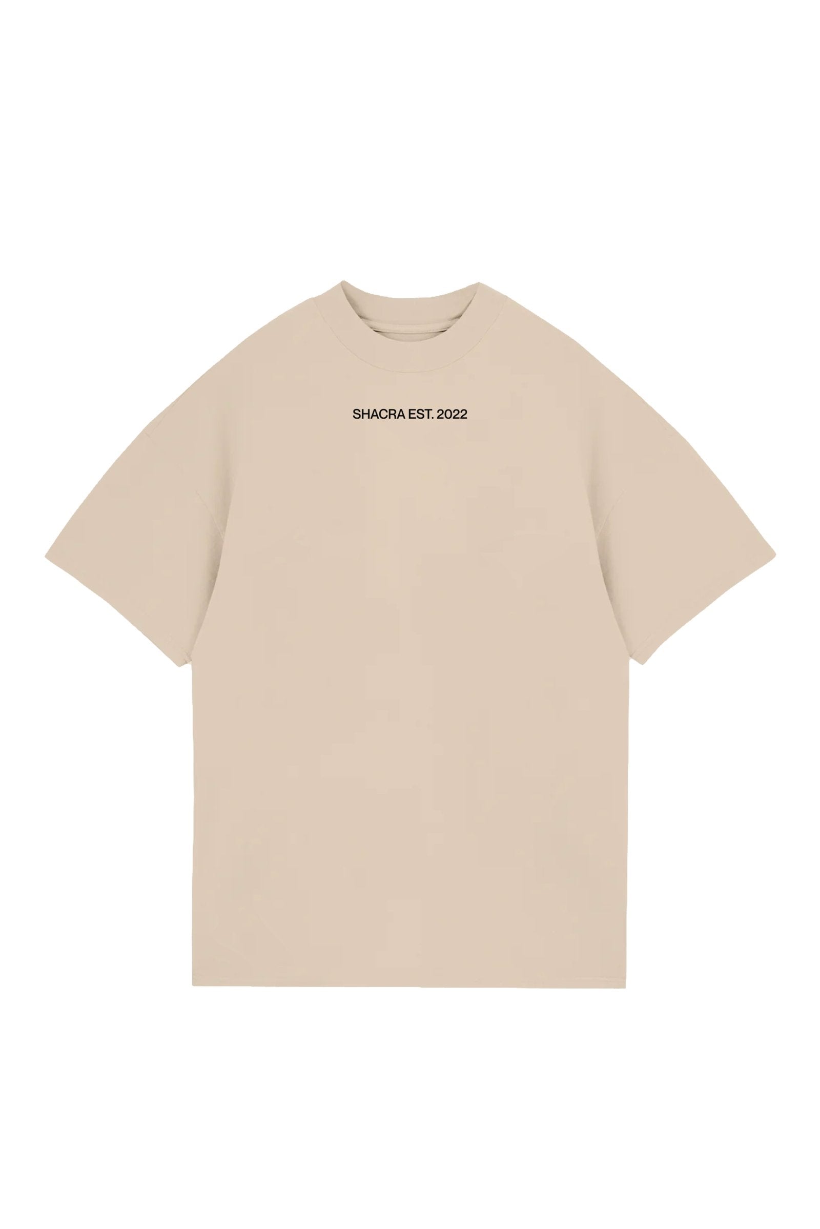 Beige oversized t-shirt with black "SHACRA EST. 2022" text on the chest, casual streetwear design perfect for everyday style.