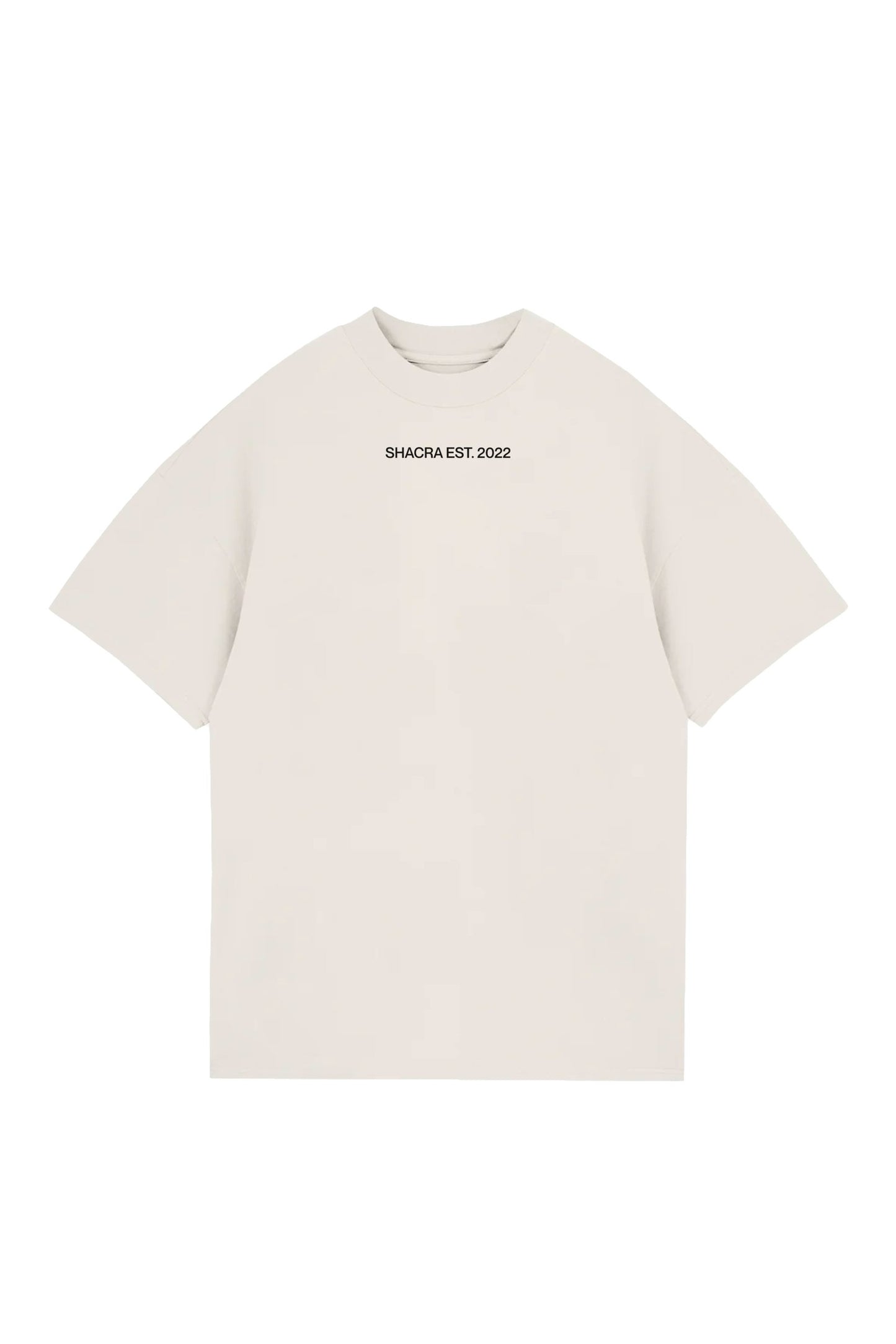 Luxurious cream crewneck t-shirt with "SHACRA EST. 2022" printed on the chest, perfect for streetwear fashion, casual outings, and making a stylish statement.