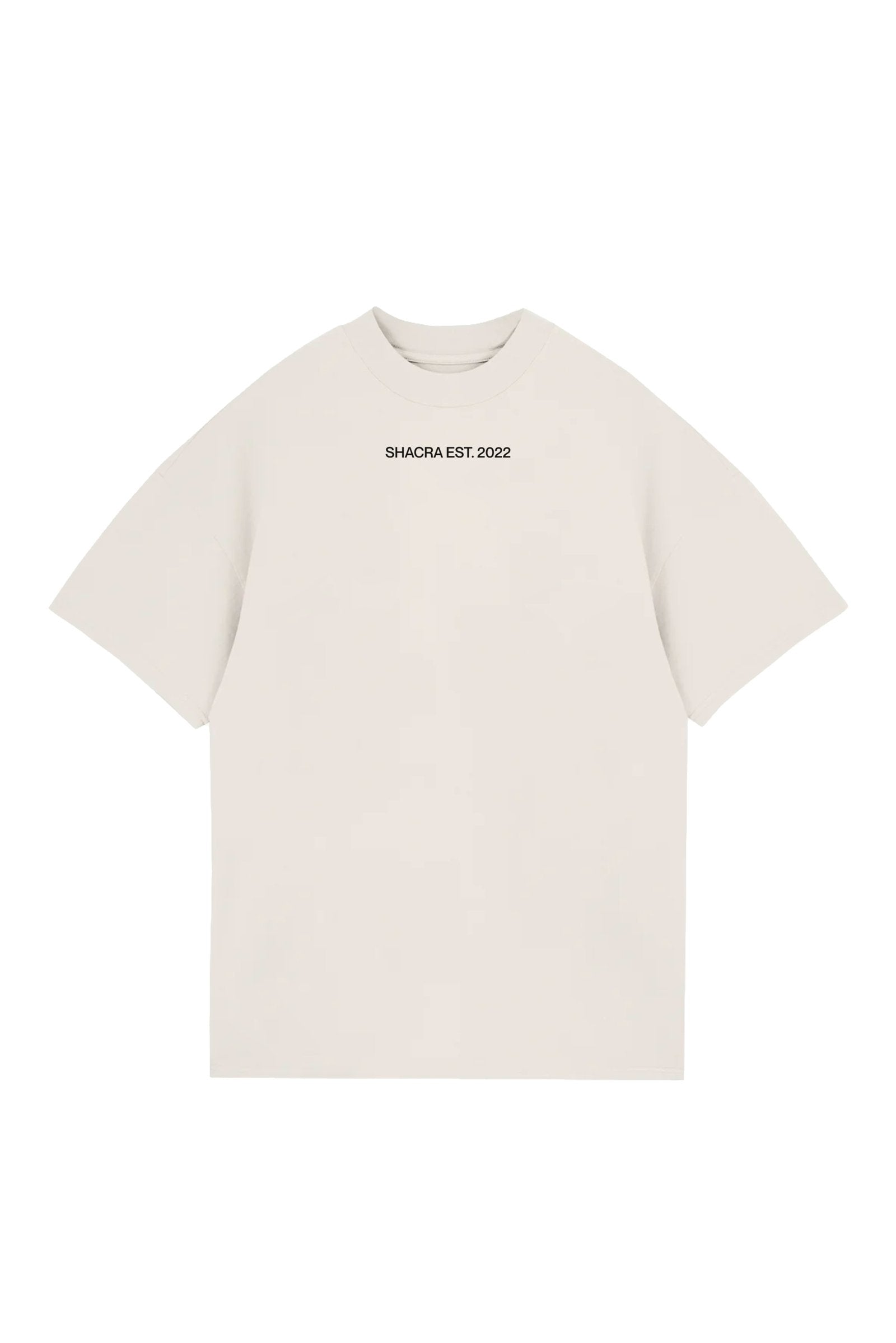 Luxurious cream crewneck t-shirt with "SHACRA EST. 2022" printed on the chest, perfect for streetwear fashion, casual outings, and making a stylish statement.