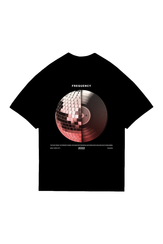 Vibrant black T-shirt featuring a modern, artistic logo design with a geometric sphere and vinyl record elements, perfect for music and fashion enthusiasts.