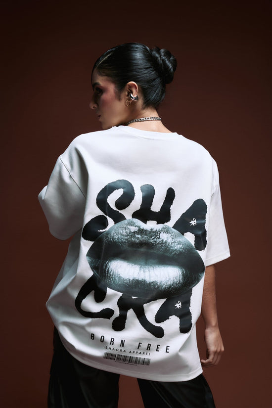 Bold white T-shirt featuring a graphic design with lips and artistic text, showcasing modern streetwear fashion by Shacra for a trendy, edgy look.