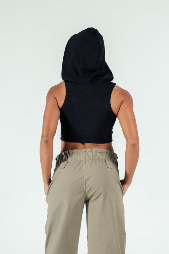 Black hooded sleeveless crop top with casual style for modern fashion.