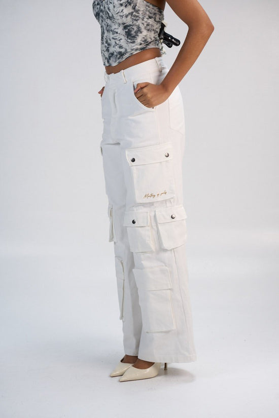 Cargo pants with multiple pockets, embroidery detail, and a casual yet stylish look.