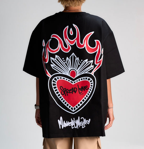 Bold black t-shirt with colorful graphic print promoting spread love and positivity, designed by Shacra, from the online fashion store Shacrabyisacar.com.