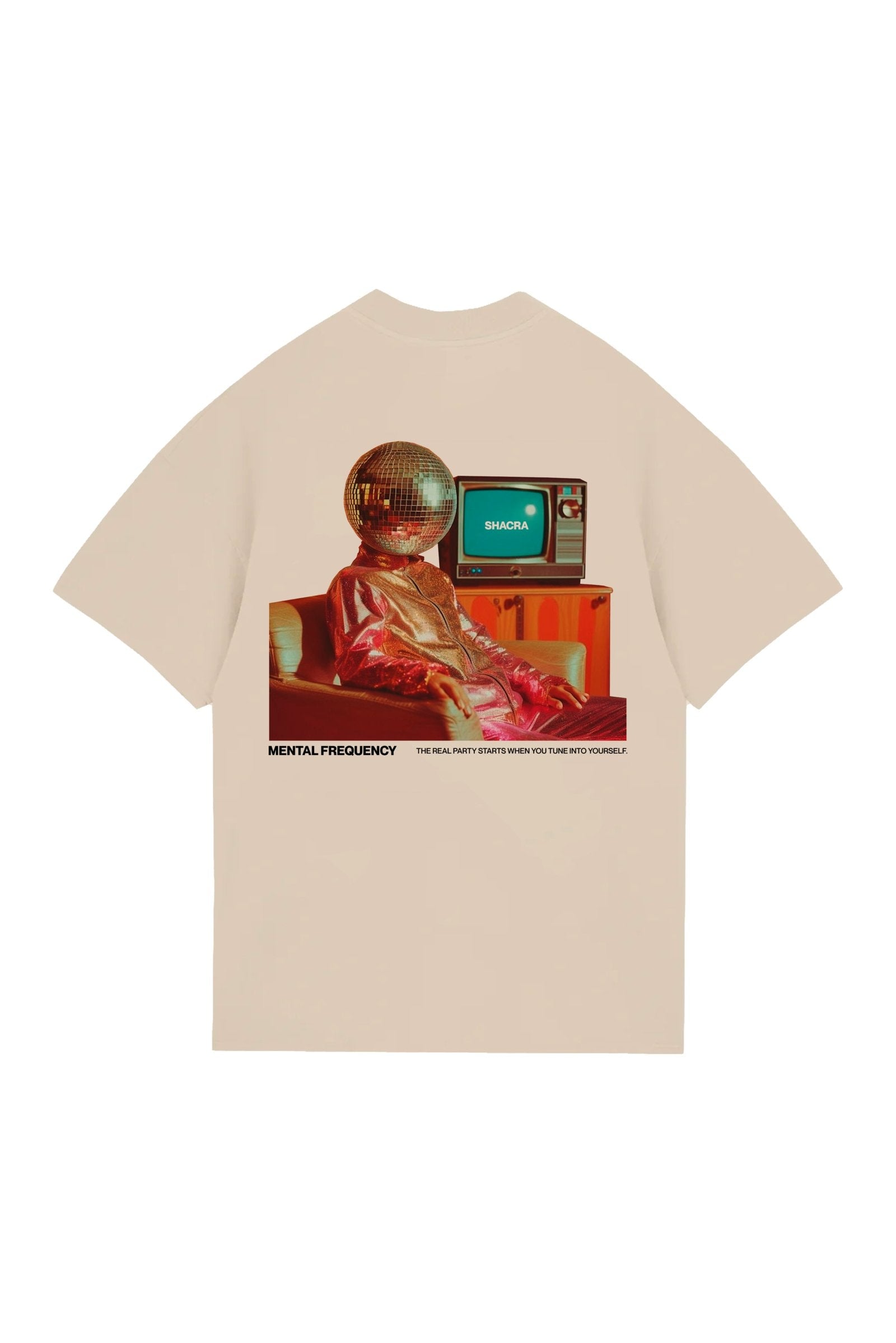 Disco-headed figure on a retro couch with an old television displaying "SHACRA," emphasizing vintage, electronic music, and psychedelic art themes.