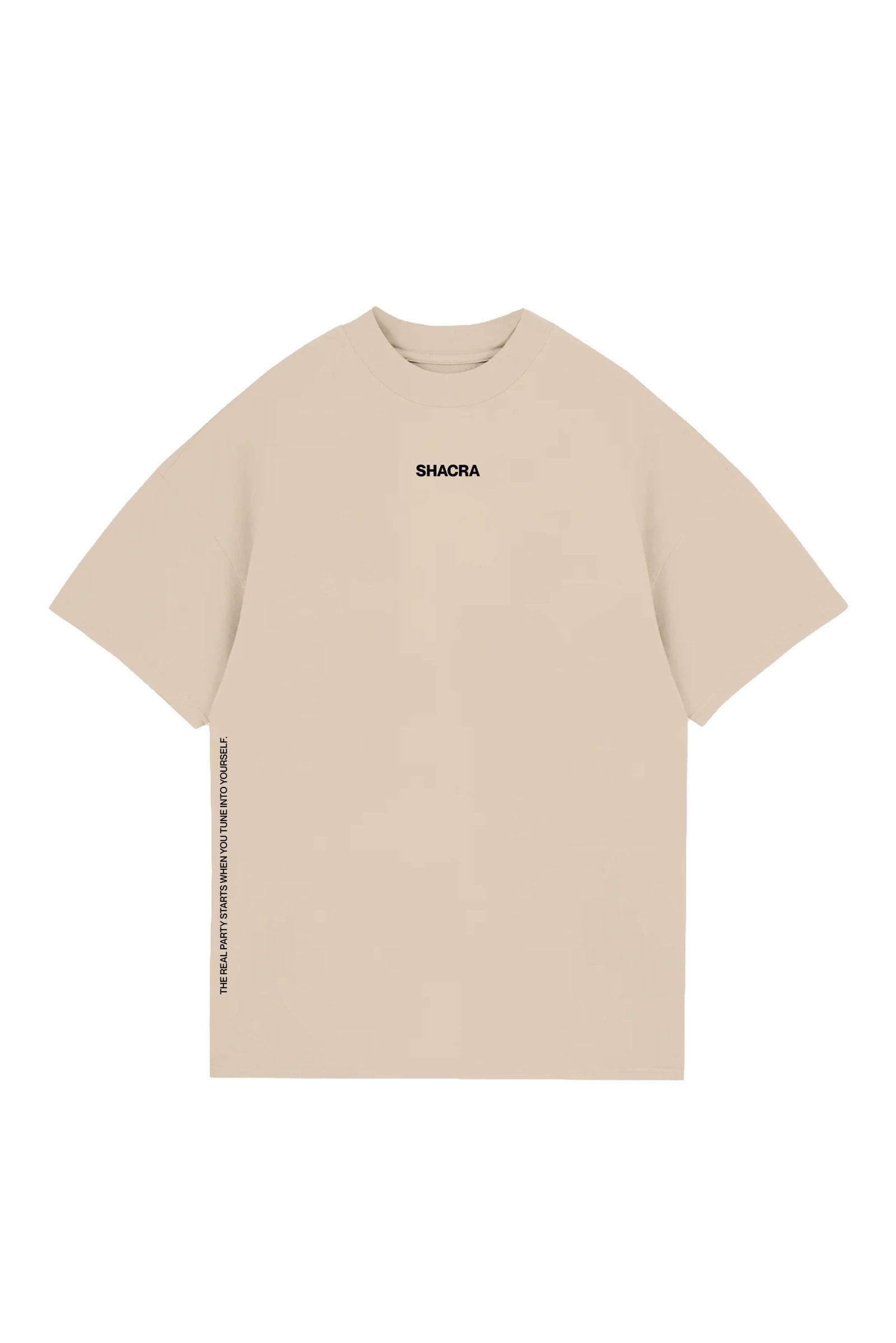 Vegan beige oversized t-shirt with minimal black text logo "SHACRA" on the chest and motivational quote on the side seam, perfect for casual streetwear and sustainable fashion.
