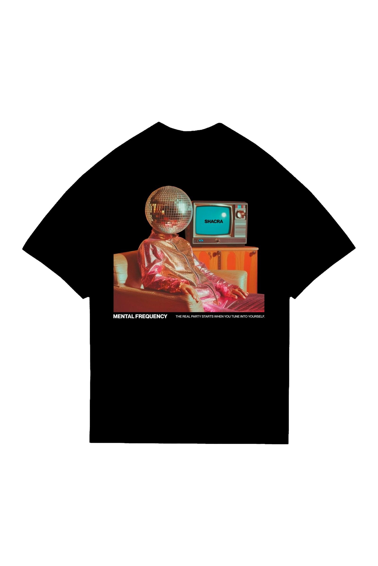 Disco ball-headed figure wearing a shiny pink jacket sitting on a retro couch with a vintage TV displaying "SHACRA" in vibrant colors, representing music, fashion, and entertainment culture.