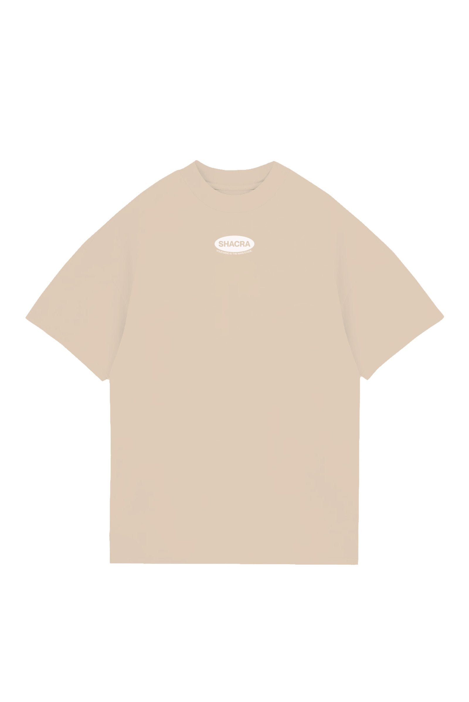Oversized beige T-shirt with "SHACRA" logo on the chest, perfect for casual streetwear and comfortable fashion.
