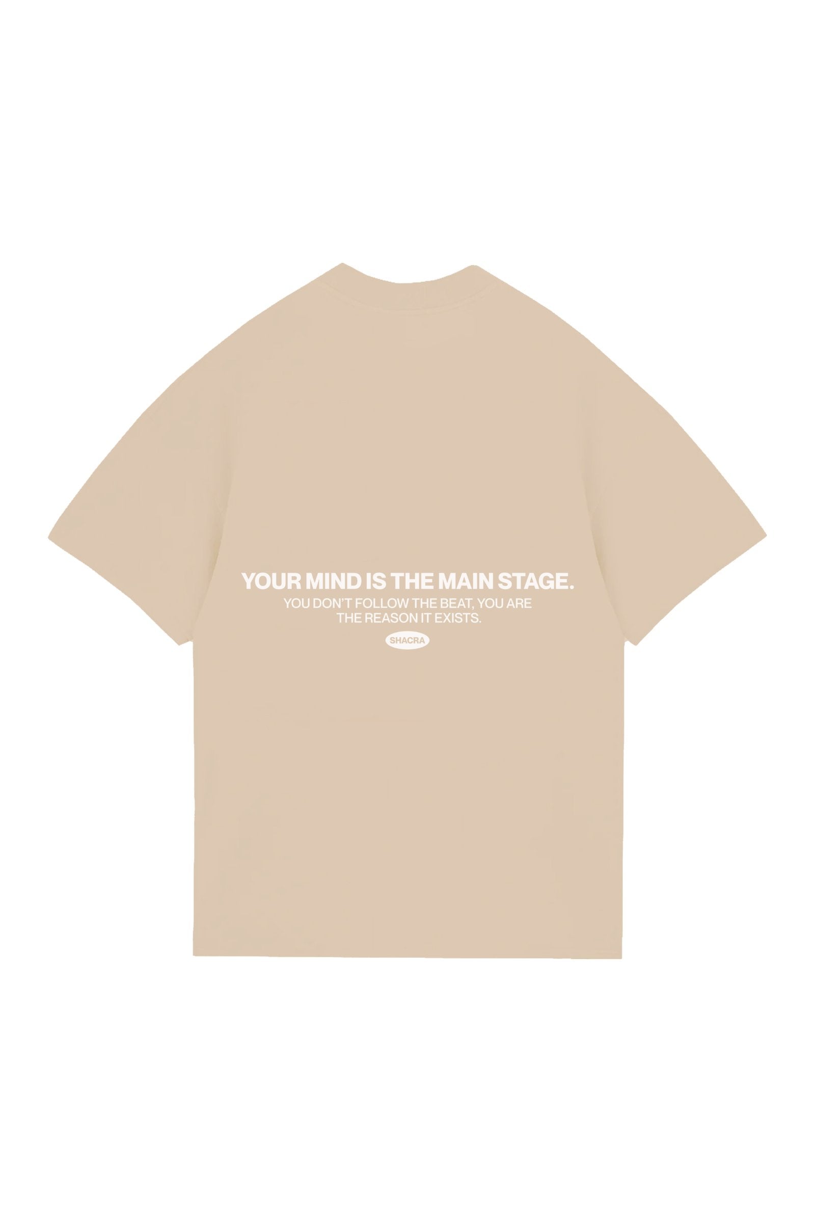 Inspirational beige t-shirt with motivational quote about the power of the mind, perfect for fashion-forward individuals who appreciate meaningful statements and stylish designs.