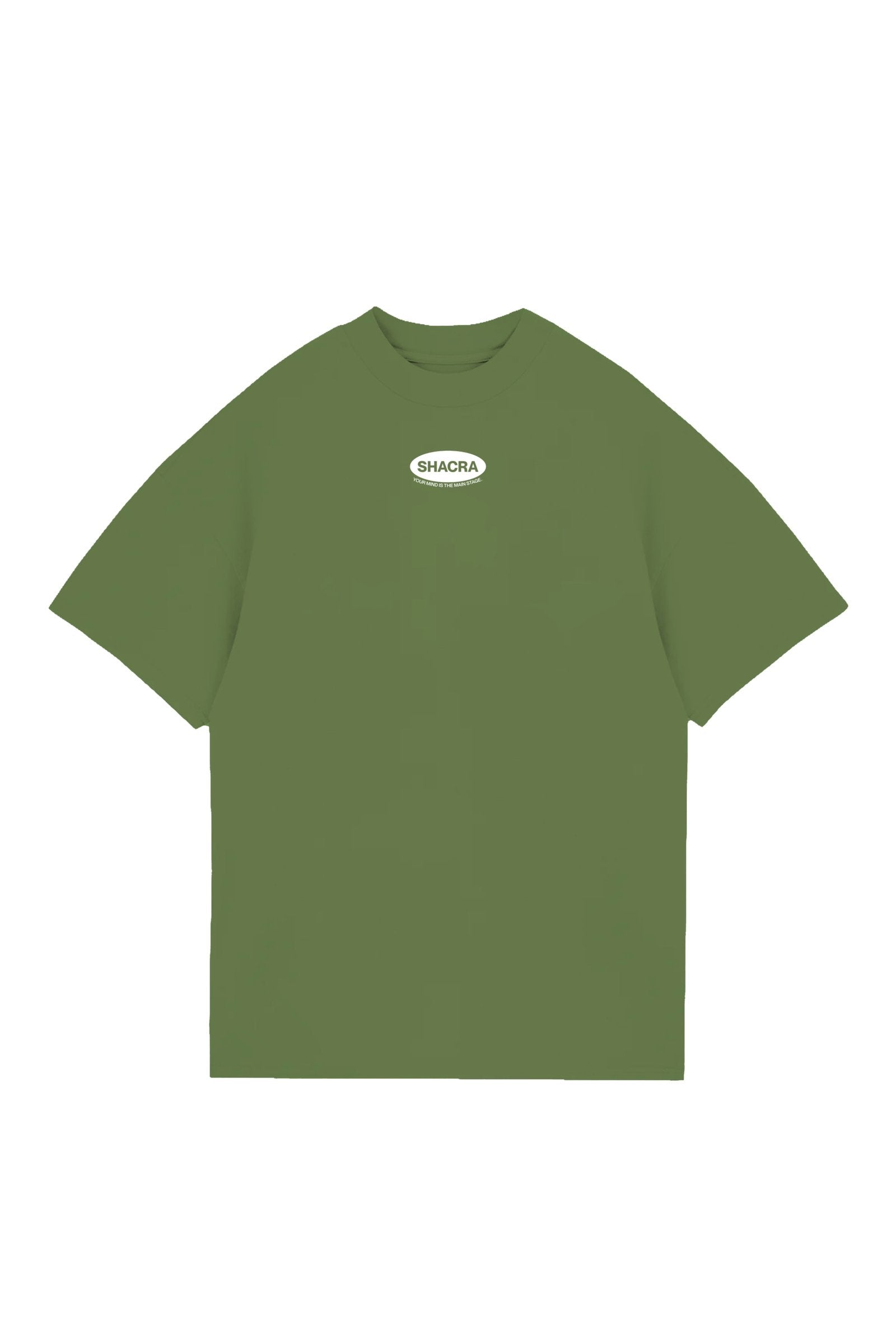 Vintage green oversized T-shirt with "SHACRA" logo and inspiring slogan, perfect for streetwear and casual fashion enthusiasts.