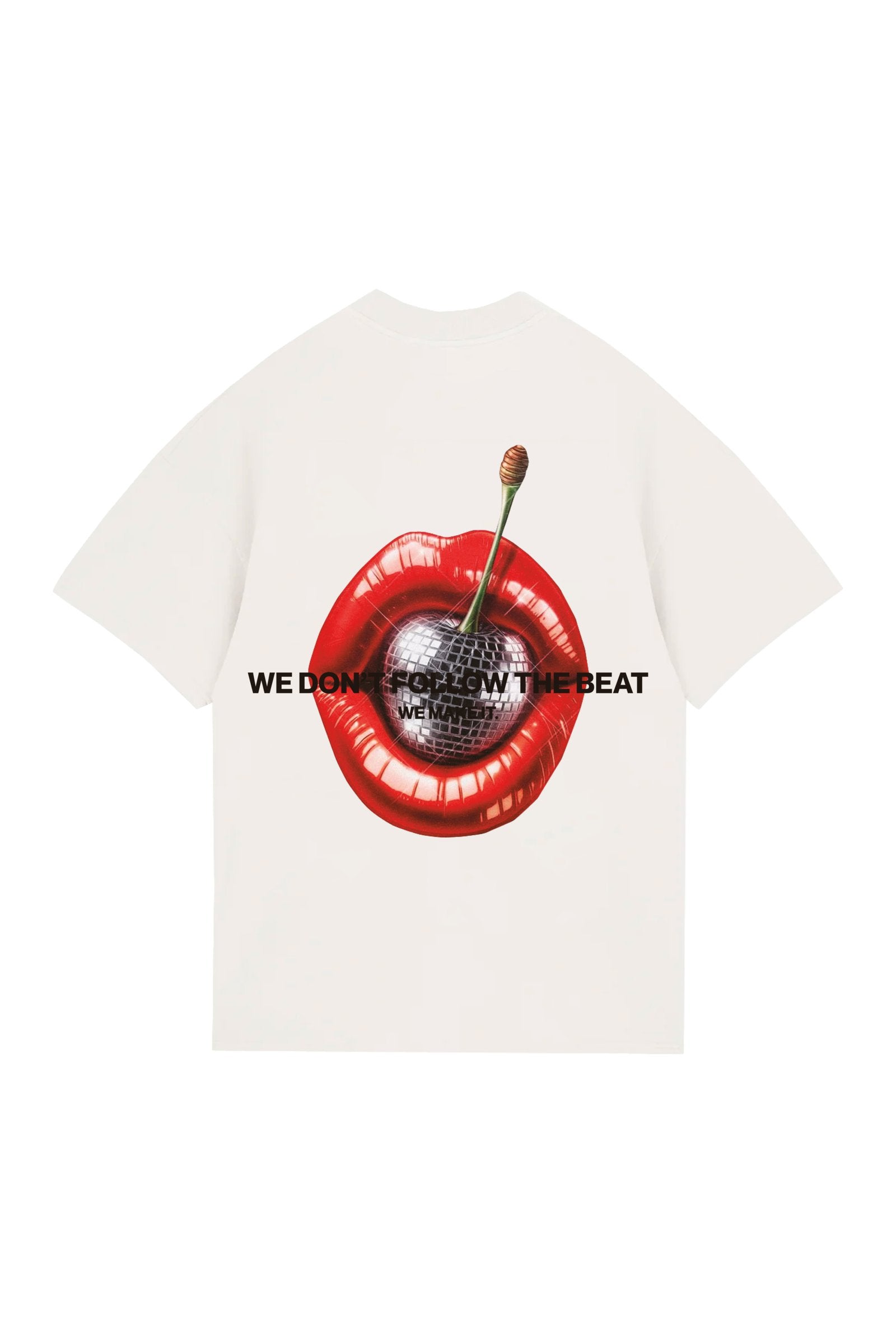 Bright white T-shirt featuring bold graphic design of glossy red lips with a cherry and disco ball center, accompanied by the phrase "WE DON'T FOLLOW THE BEAT" for a trendy, edgy look.