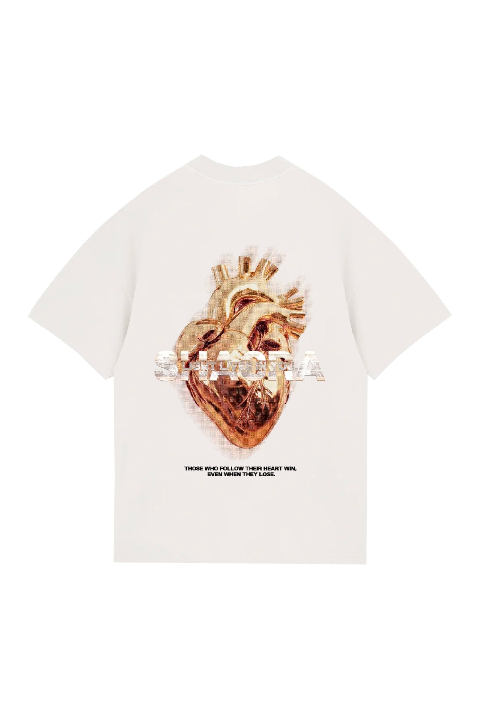Gilded anatomical heart graphic on white T-shirt with motivational quote, stylish and modern design for fashion-forward individuals.
