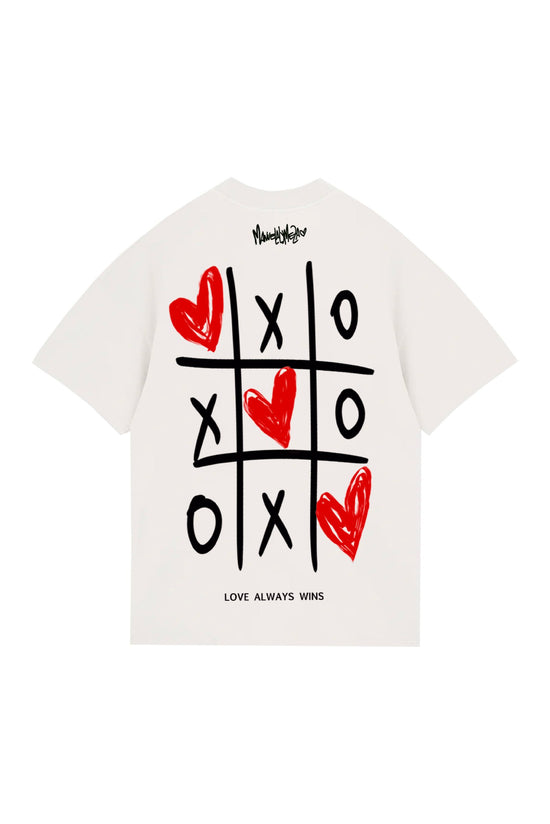 Hand-painted graphic Tic Tac Toe T-shirt featuring hearts and the phrase "Love Always Wins" for a trendy, love-inspired style.