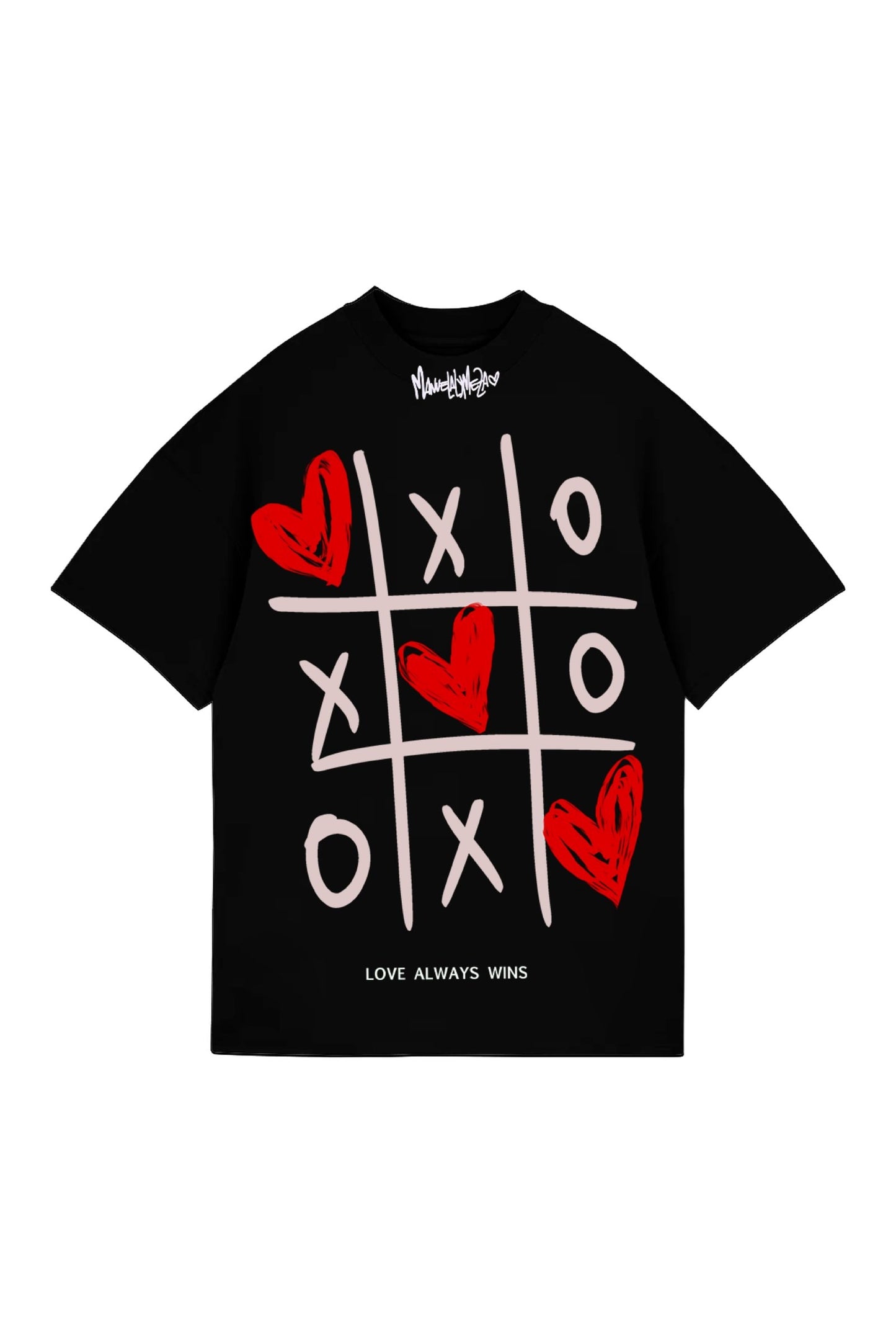 Bright black t-shirt with red hearts and grey tic-tac-toe game design, featuring a "Love Always Wins" slogan at the bottom, perfect for expressing love and positivity through fashion.