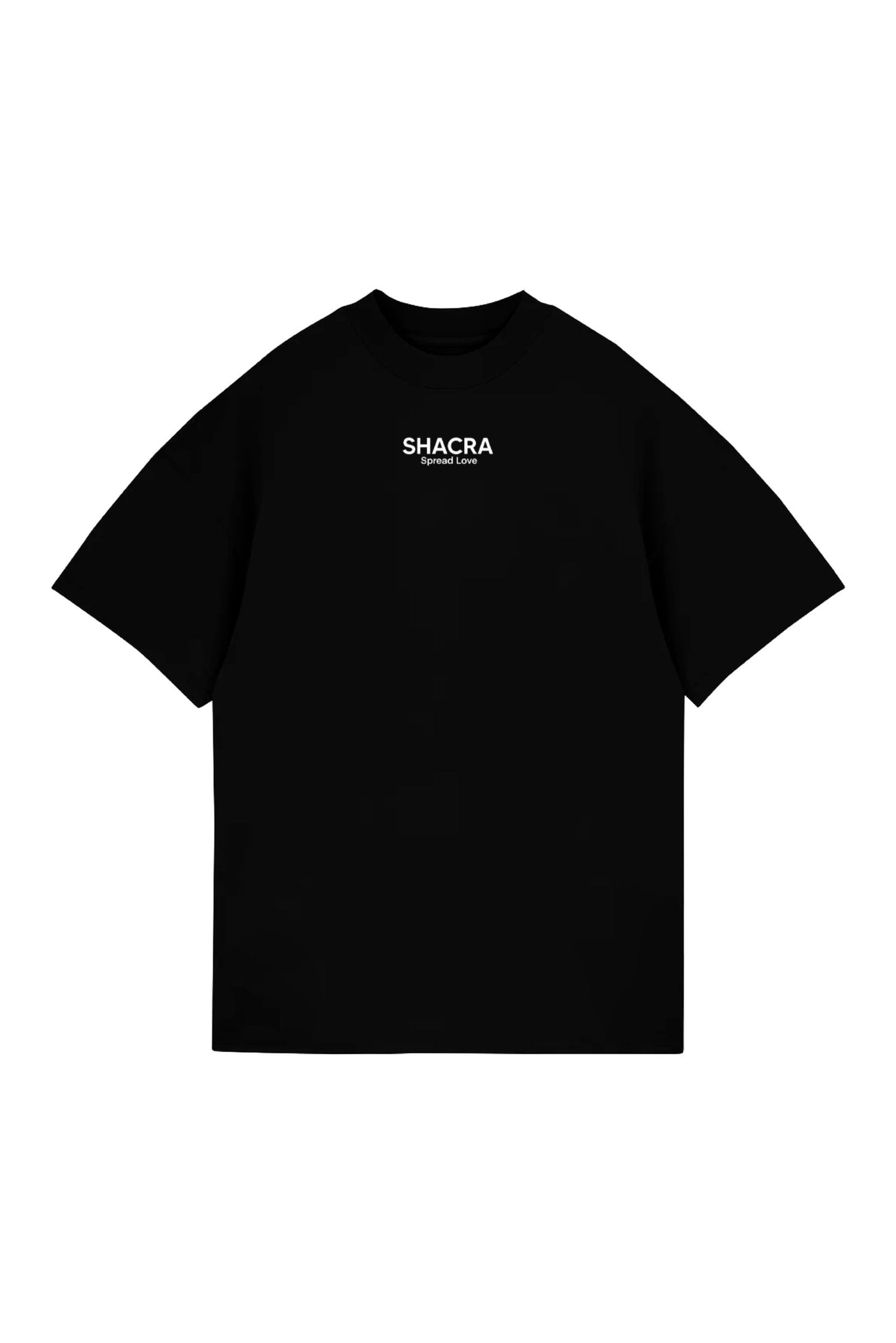 Black t-shirt with "SHACRA Spread Love" logo, minimalist streetwear fashion, casual men's wear, graphic tee, stylish and comfortable clothing.
