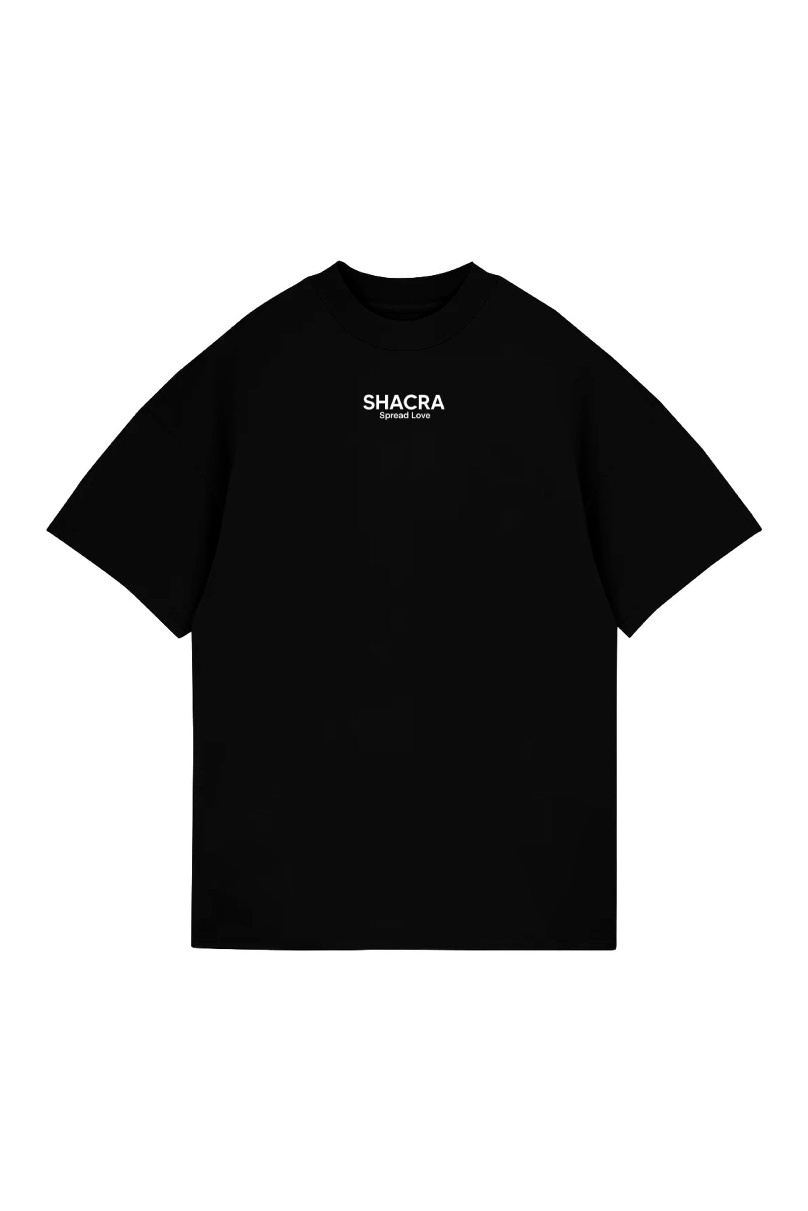 Black t-shirt with "SHACRA Spread Love" logo, minimalist streetwear fashion, casual men's wear, graphic tee, stylish and comfortable clothing.