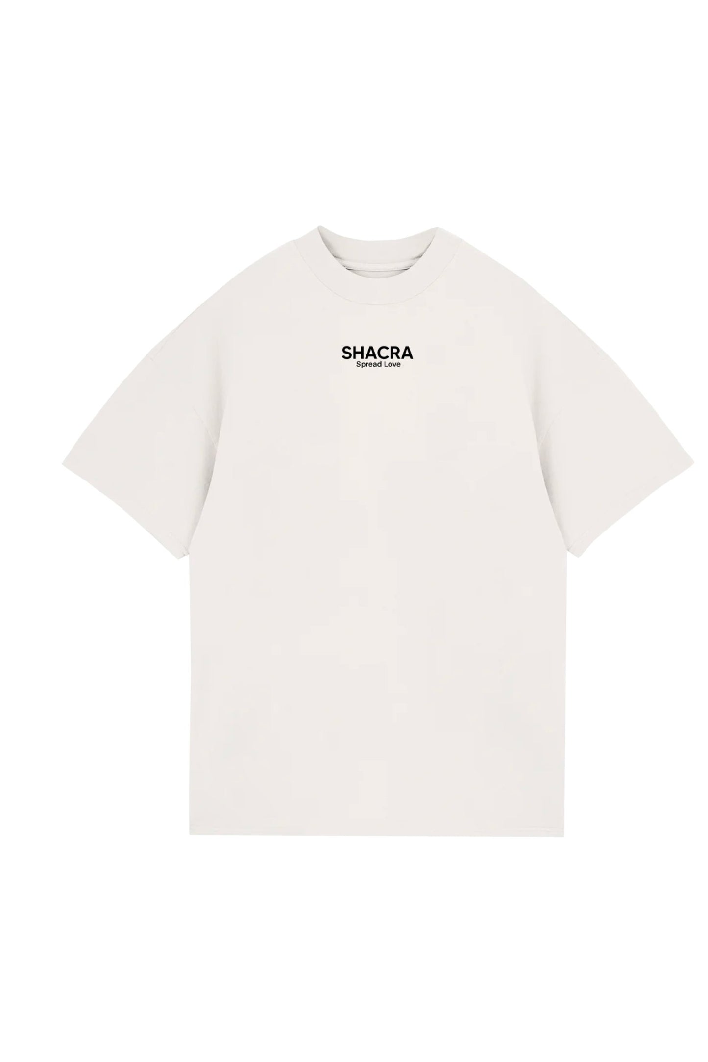 Soft white T-shirt featuring the "SHACRA Spread Love" logo, perfect for casual wear and spreading positive messages. Made from comfortable fabric, ideal for fashion-forward individuals who value love and community.